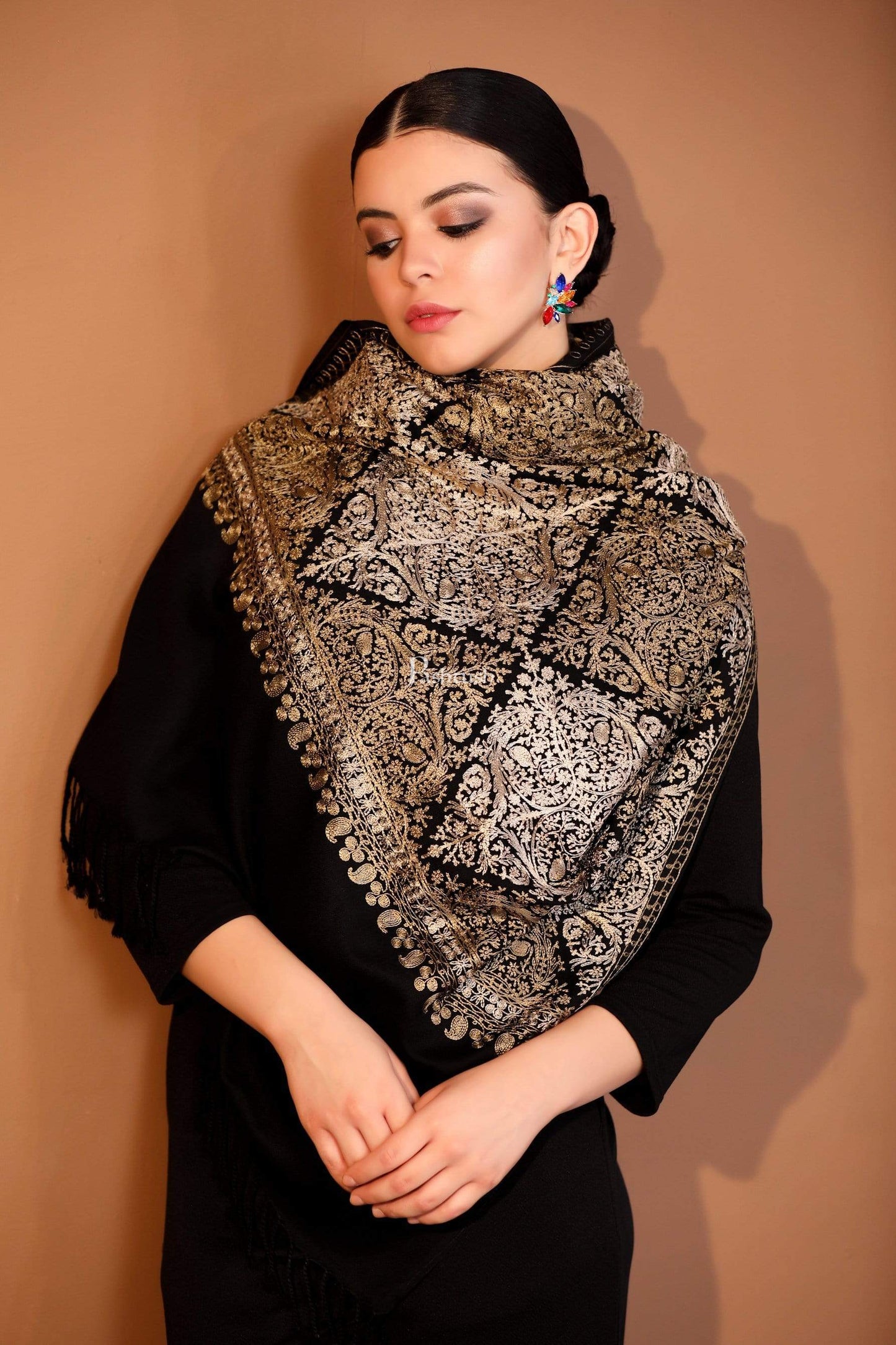 Pashtush India 70x200 Pashtush Womens Fine Wool, Silky Nalki Embroidery Needlework Stole, Black