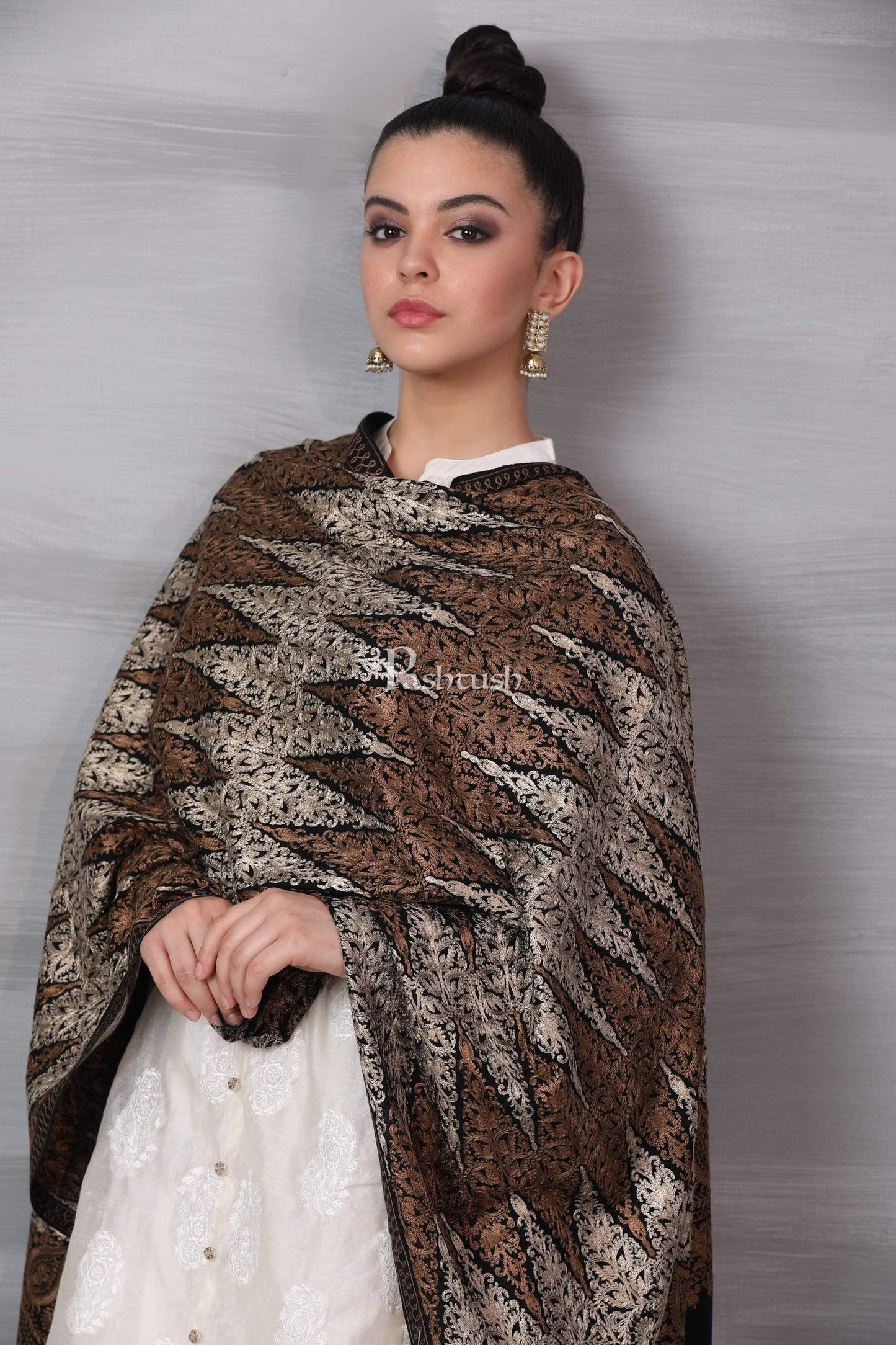 Pashtush India 70x200 Pashtush Womens Fine Wool, Silky Nalki Embroidery Needlework Stole, Black