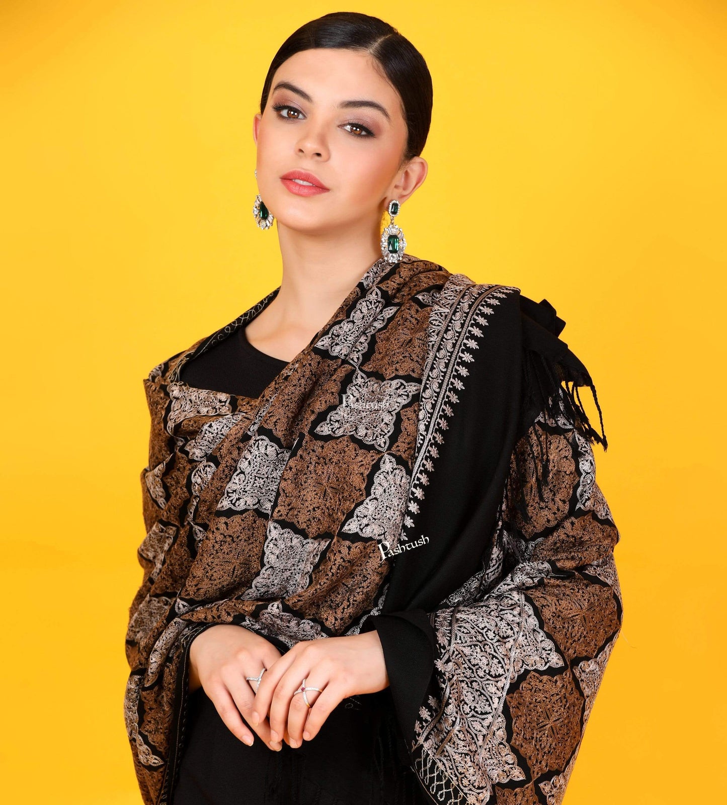 Pashtush India 70x200 Pashtush Womens Fine Wool, Silky Nalki Embroidery Needlework Stole, Black