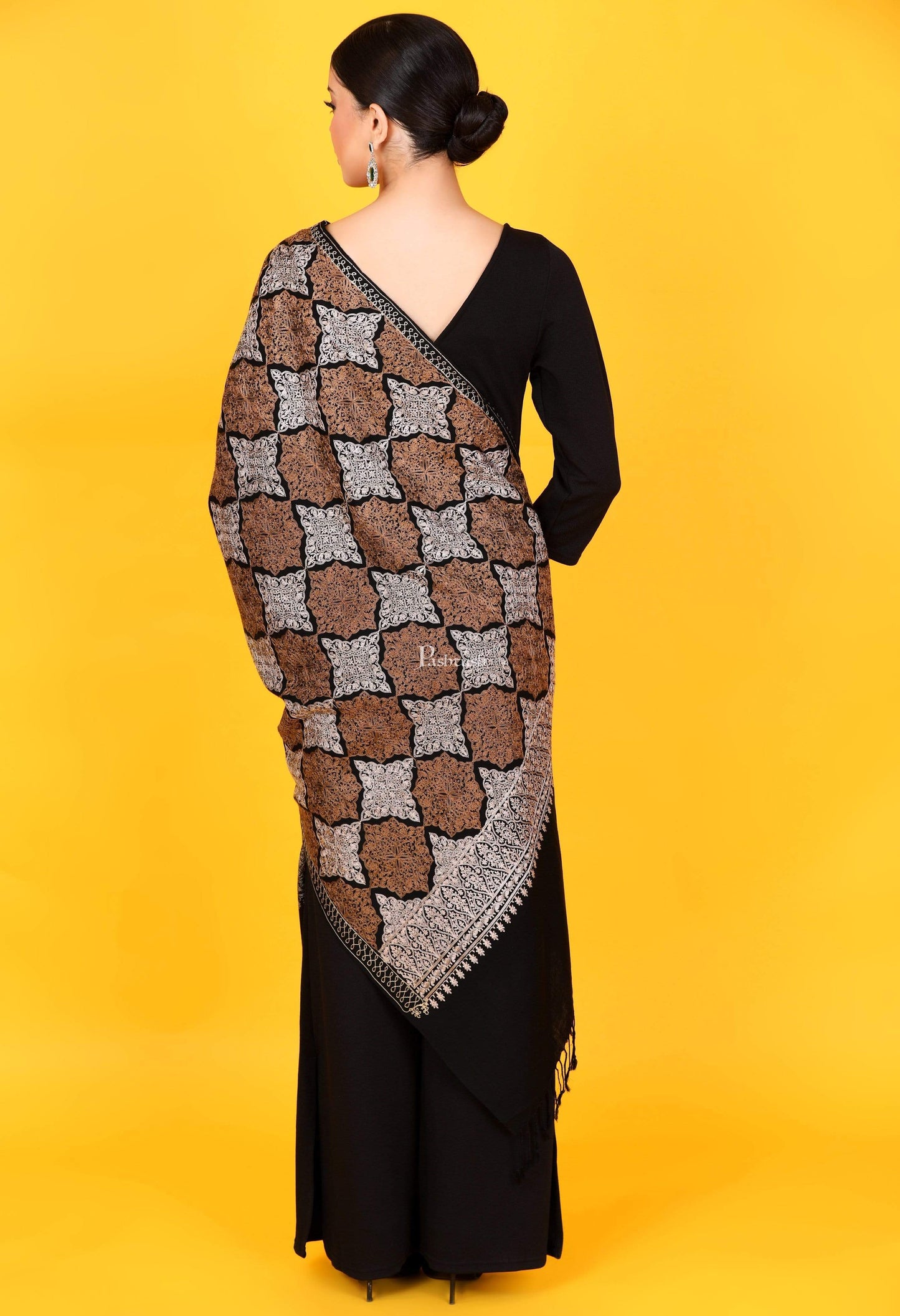 Pashtush India 70x200 Pashtush Womens Fine Wool, Silky Nalki Embroidery Needlework Stole, Black