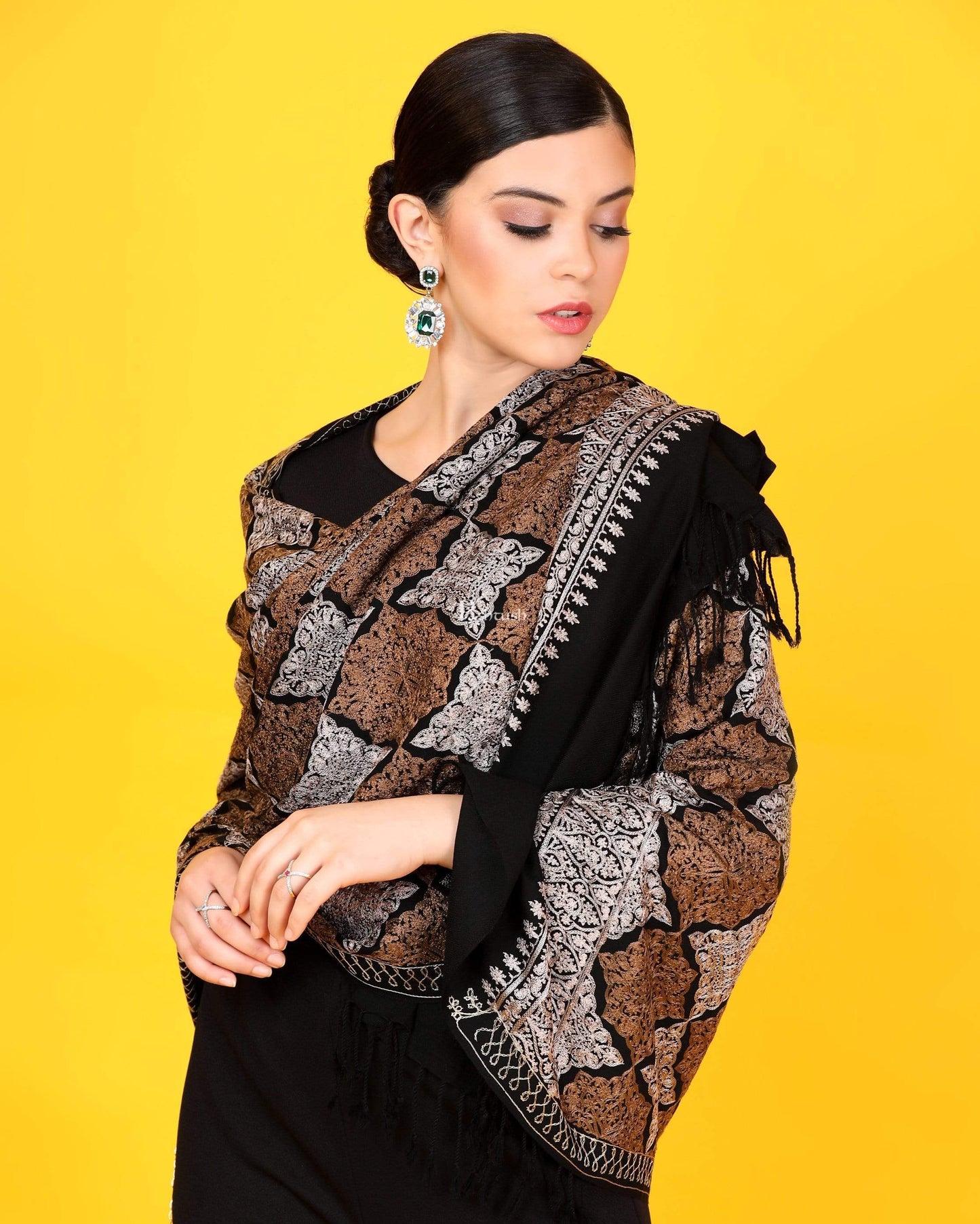 Pashtush India 70x200 Pashtush Womens Fine Wool, Silky Nalki Embroidery Needlework Stole, Black