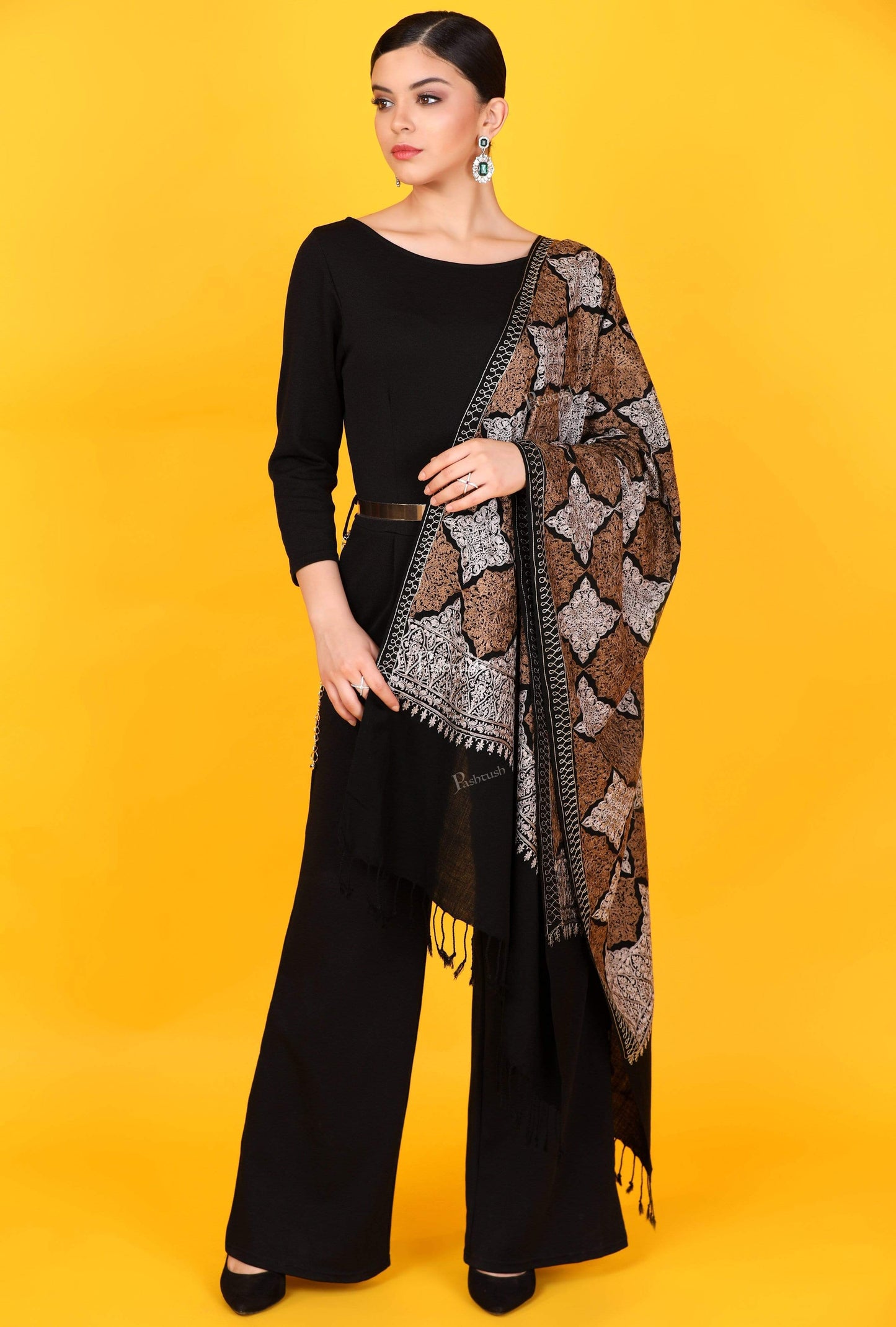 Pashtush India 70x200 Pashtush Womens Fine Wool, Silky Nalki Embroidery Needlework Stole, Black