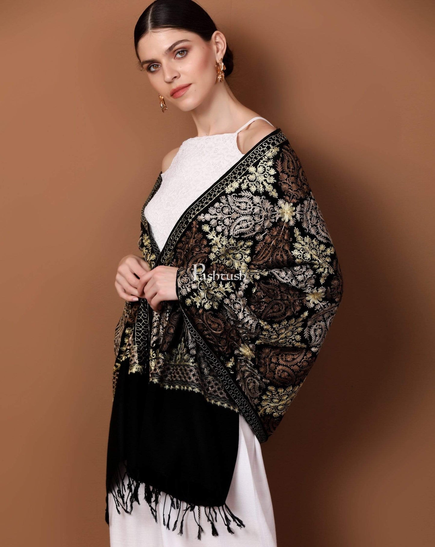 Pashtush India 70x200 Pashtush Womens Fine Wool, Silky Nalki Embroidery Needlework Stole, Black