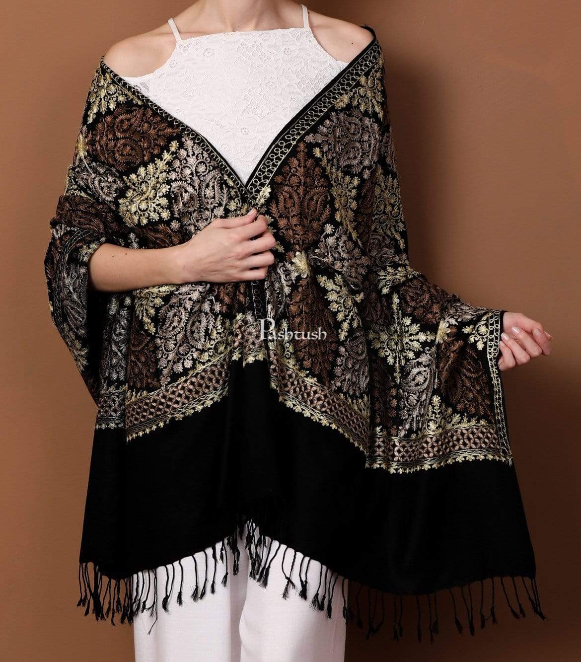 Pashtush India 70x200 Pashtush Womens Fine Wool, Silky Nalki Embroidery Needlework Stole, Black