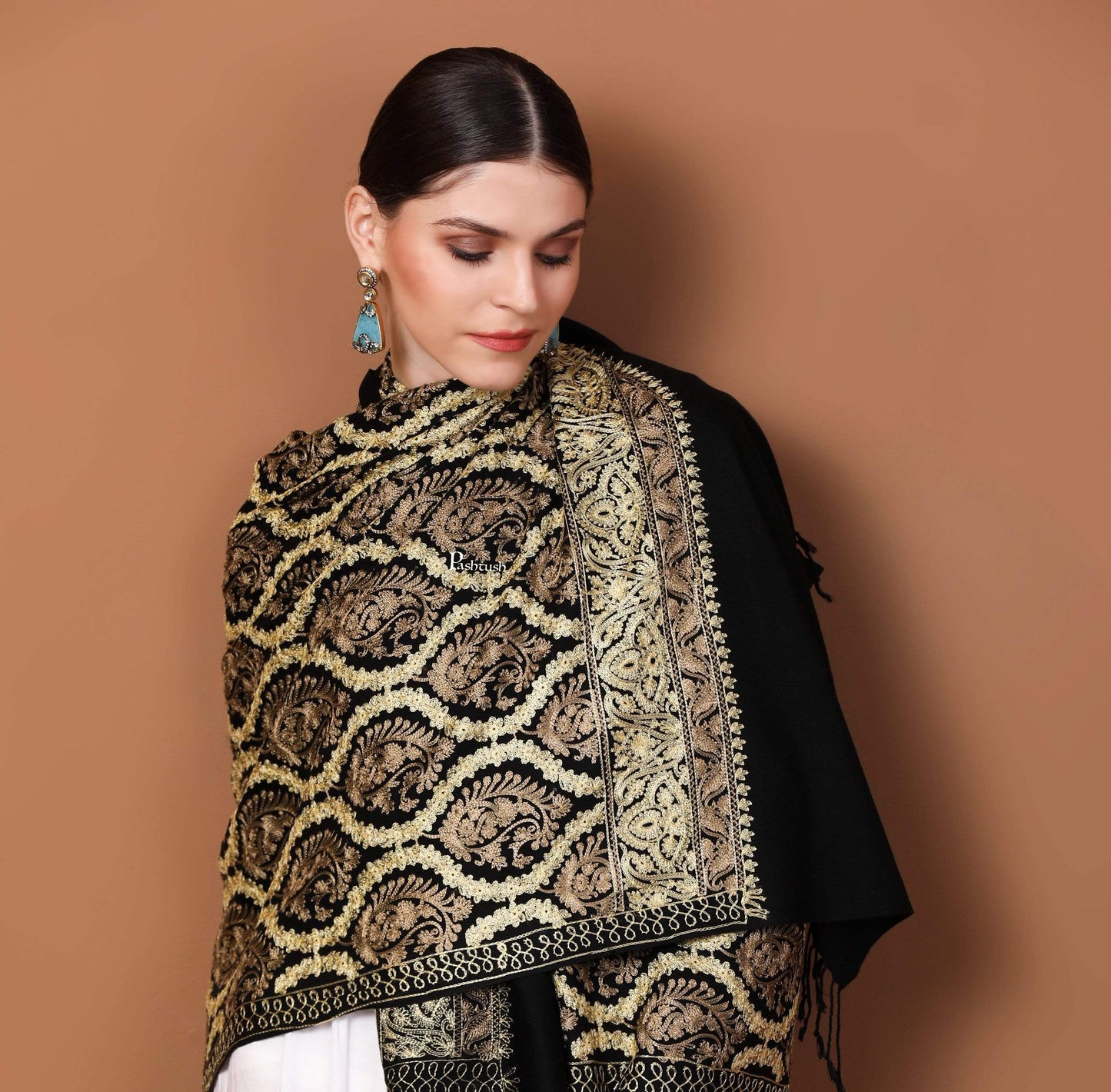 Pashtush India 70x200 Pashtush Womens Fine Wool, Silky Nalki Embroidery Needlework Stole, Black