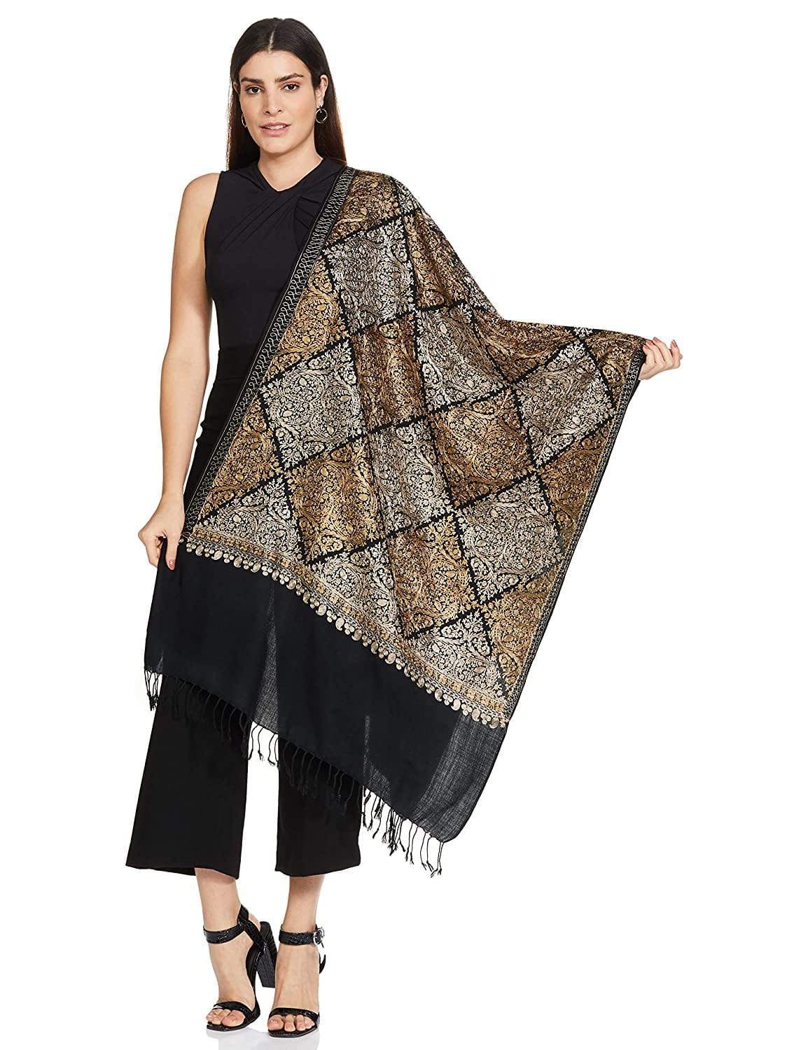 Pashtush India 70x200 Pashtush Womens Fine Wool, Silky Nalki Embroidery Needlework Stole, Black