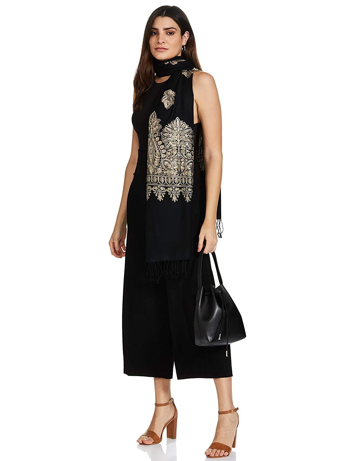 Pashtush India 70x200 Pashtush Womens Fine Wool, Silky Nalki Embroidery Needlework Stole, Black