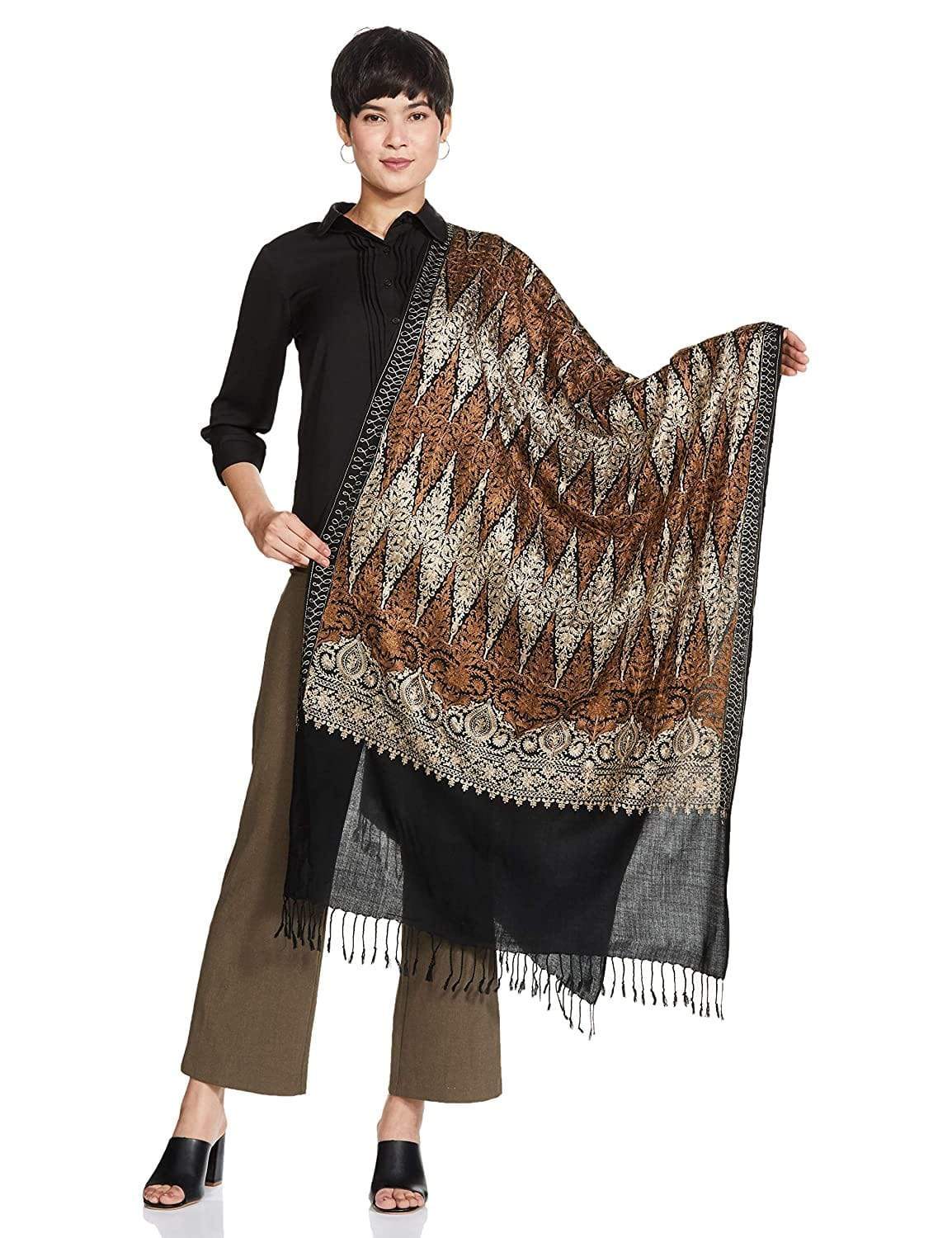 Pashtush India 70x200 Pashtush Womens Fine Wool, Silky Nalki Embroidery Needlework Stole, Black