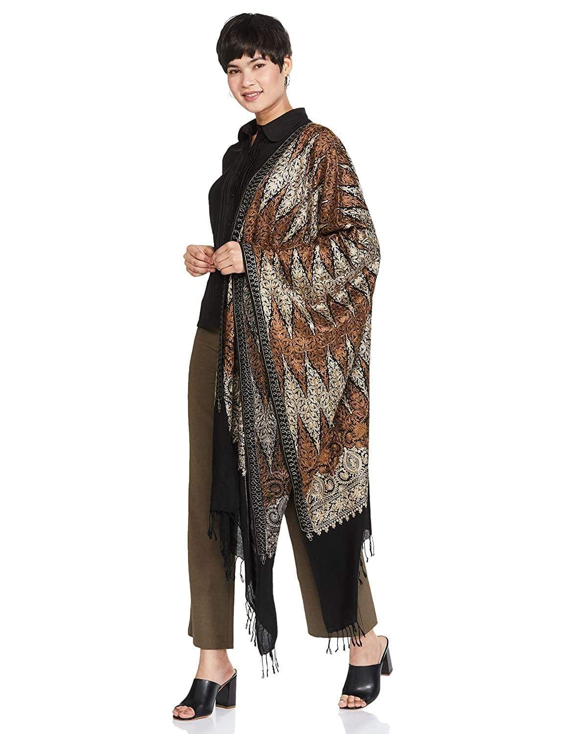 Pashtush India 70x200 Pashtush Womens Fine Wool, Silky Nalki Embroidery Needlework Stole, Black