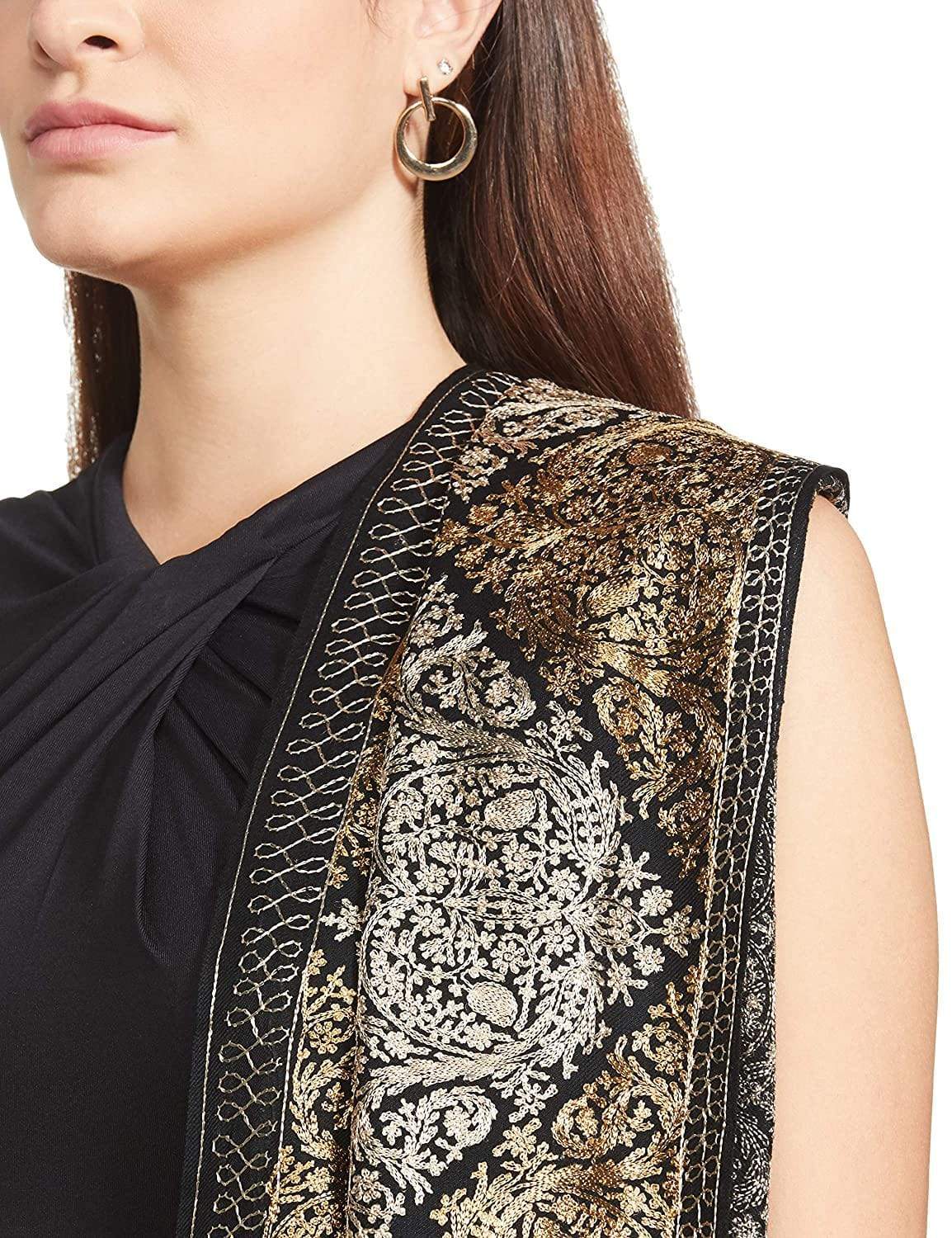 Pashtush India 70x200 Pashtush Womens Fine Wool, Silky Nalki Embroidery Needlework Stole, Black