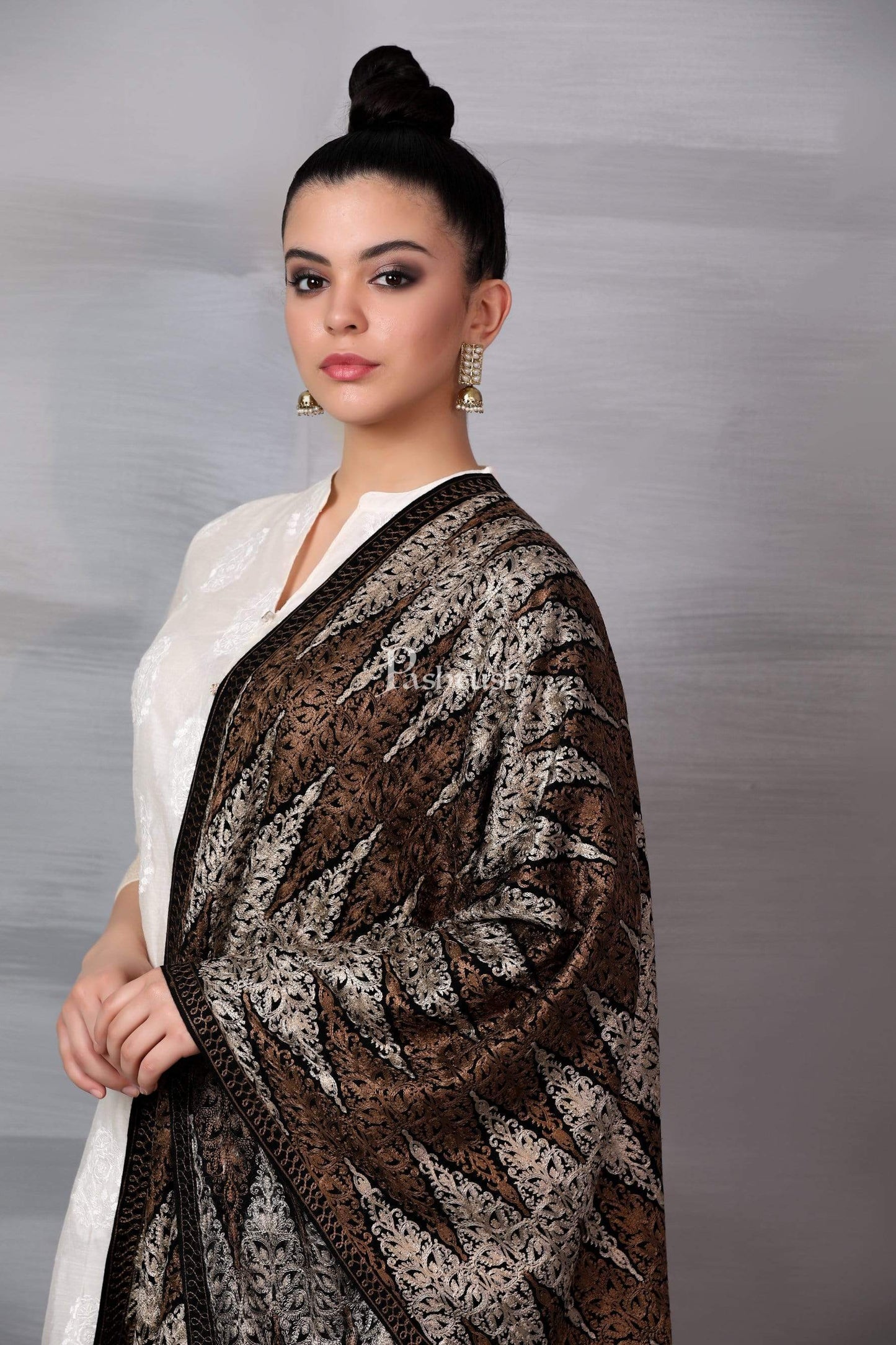 Pashtush India 70x200 Pashtush Womens Fine Wool, Silky Nalki Embroidery Needlework Stole, Black