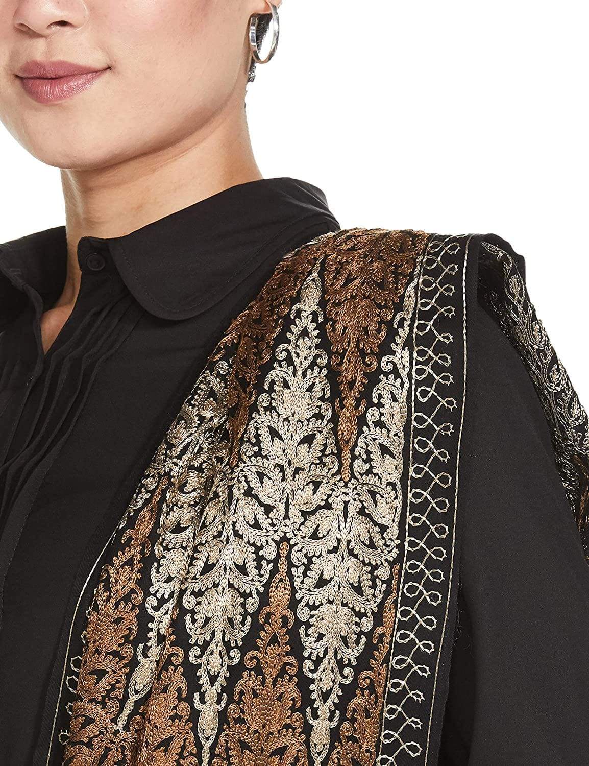 Pashtush India 70x200 Pashtush Womens Fine Wool, Silky Nalki Embroidery Needlework Stole, Black