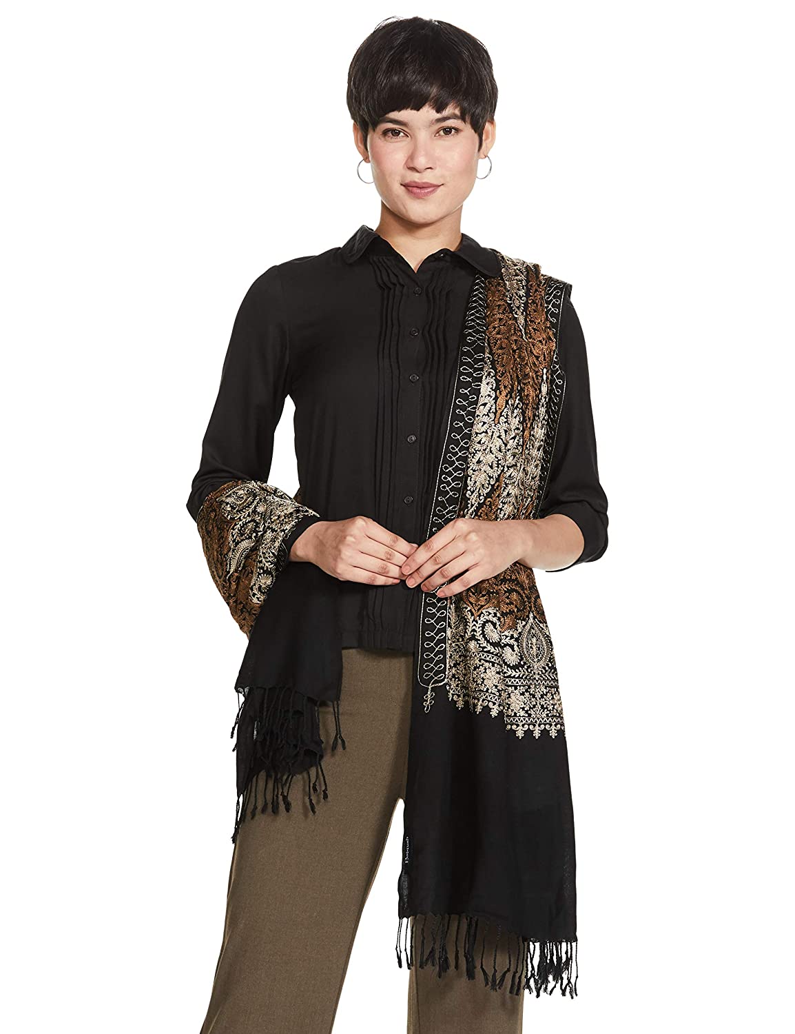 Pashtush India 70x200 Pashtush Womens Fine Wool, Silky Nalki Embroidery Needlework Stole, Black