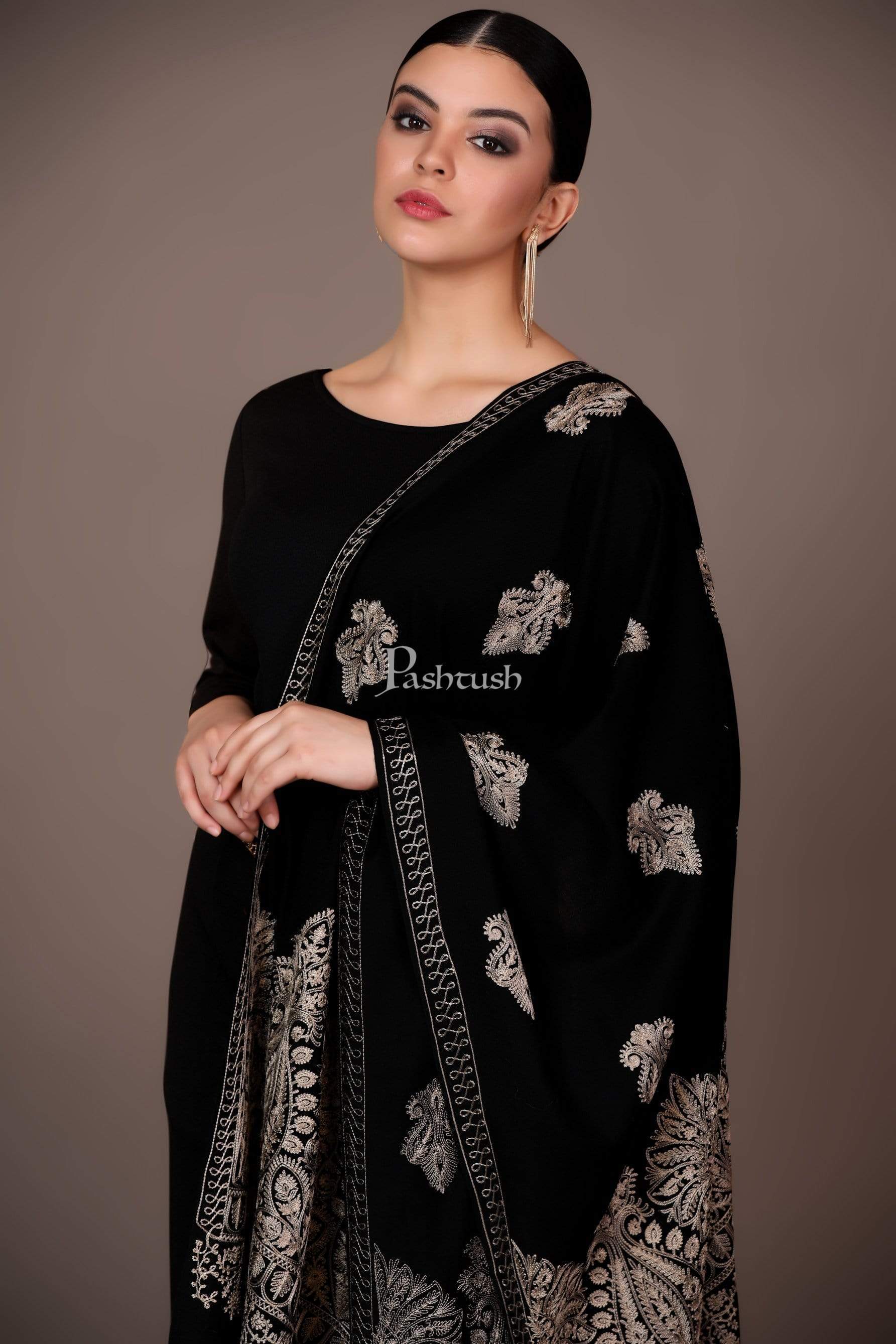 Pashtush India 70x200 Pashtush Womens Fine Wool, Silky Nalki Embroidery Needlework Stole, Black