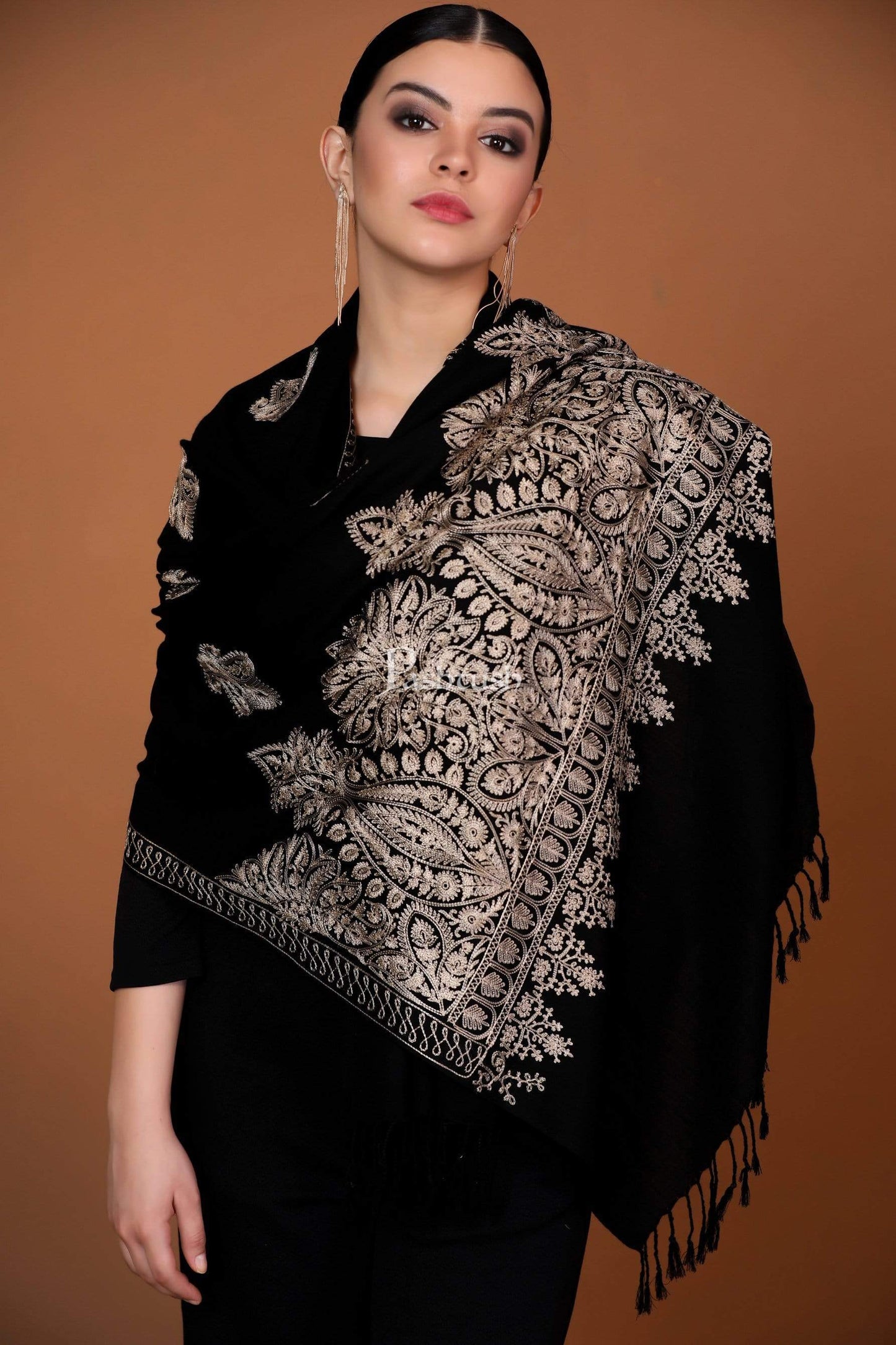 Pashtush India 70x200 Pashtush Womens Fine Wool, Silky Nalki Embroidery Needlework Stole, Black