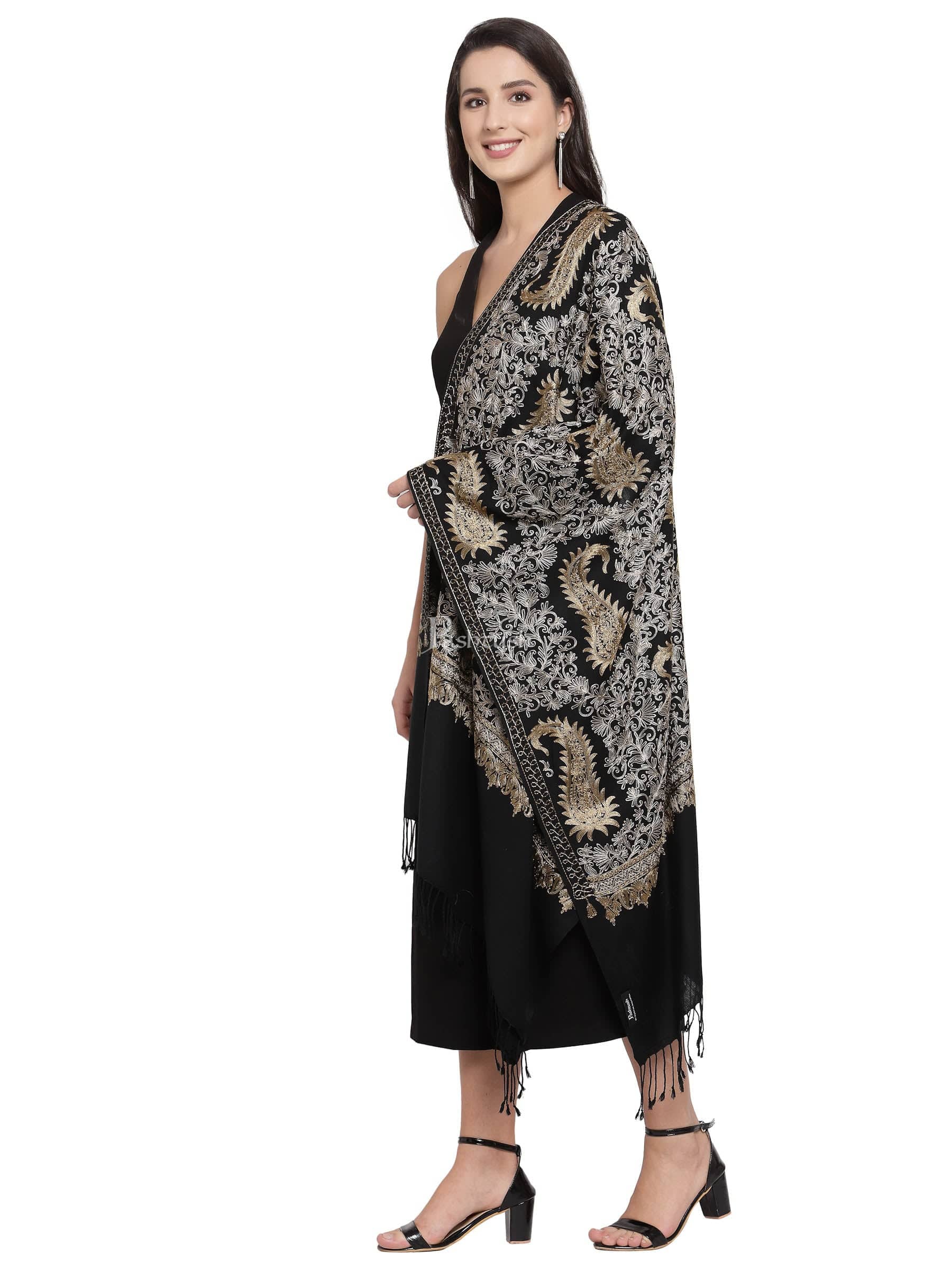 Pashtush India Womens Stoles and Scarves Scarf Pashtush Womens Fine Wool, Silky Nalki Embroidery Needlework Stole, Black
