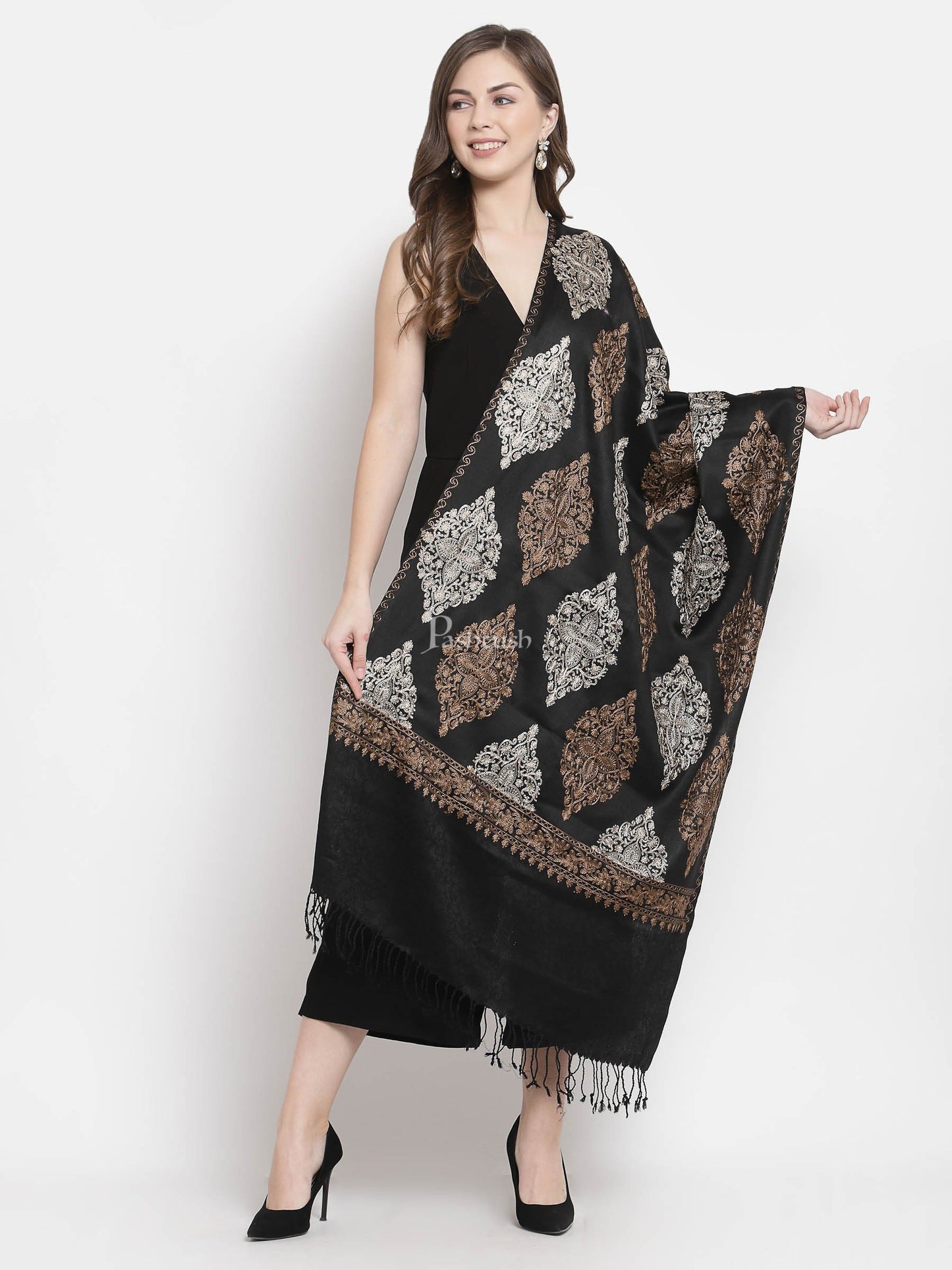 Pashtush India Womens Stoles and Scarves Scarf Pashtush Womens Fine Wool, Silky Nalki Embroidery Needlework Stole, Black