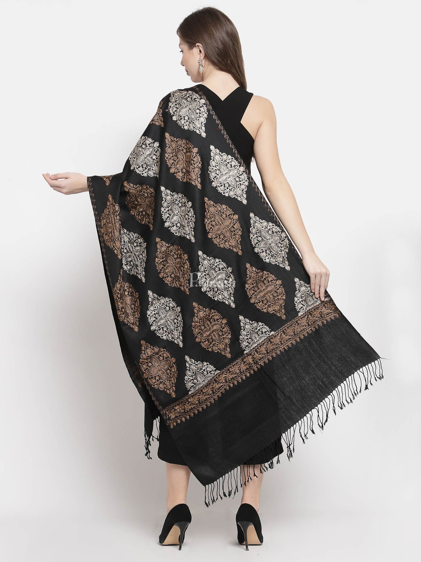 Pashtush India Womens Stoles and Scarves Scarf Pashtush Womens Fine Wool, Silky Nalki Embroidery Needlework Stole, Black