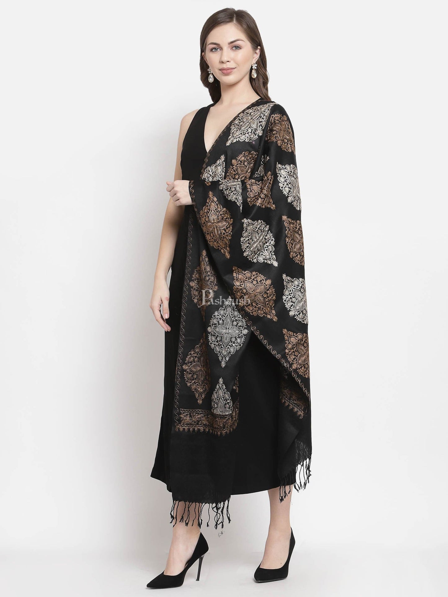 Pashtush India Womens Stoles and Scarves Scarf Pashtush Womens Fine Wool, Silky Nalki Embroidery Needlework Stole, Black