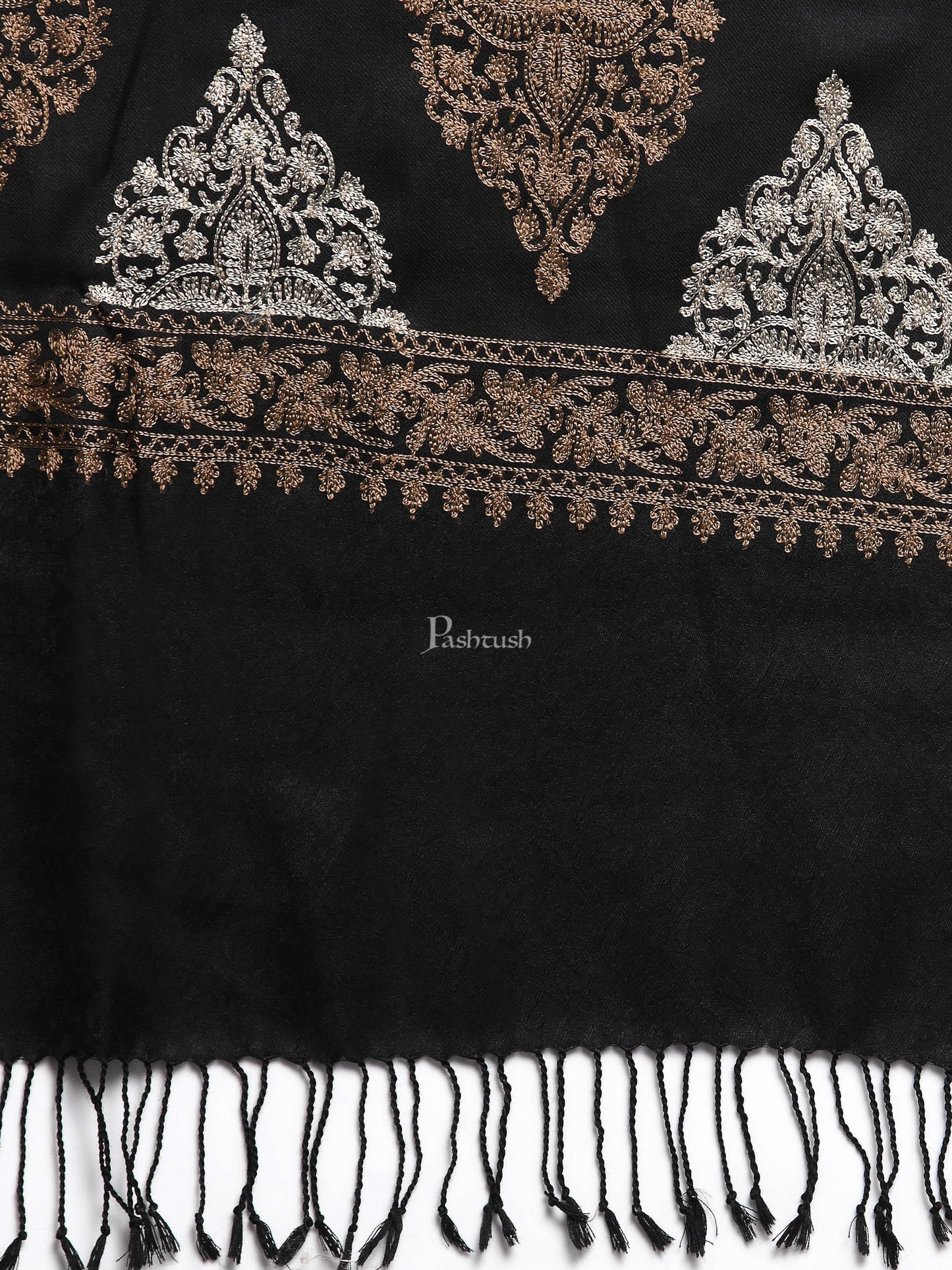 Pashtush India Womens Stoles and Scarves Scarf Pashtush Womens Fine Wool, Silky Nalki Embroidery Needlework Stole, Black