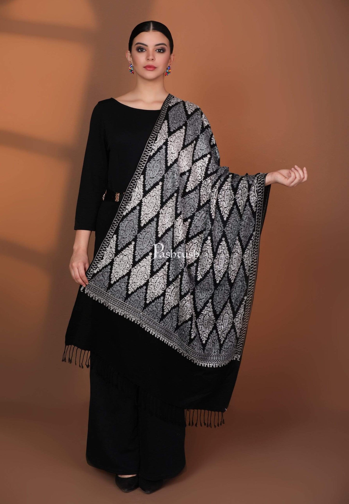 Pashtush India Womens Stoles and Scarves Scarf Pashtush Womens Fine Wool, Silky Nalki Embroidery Needlework Stole, Black