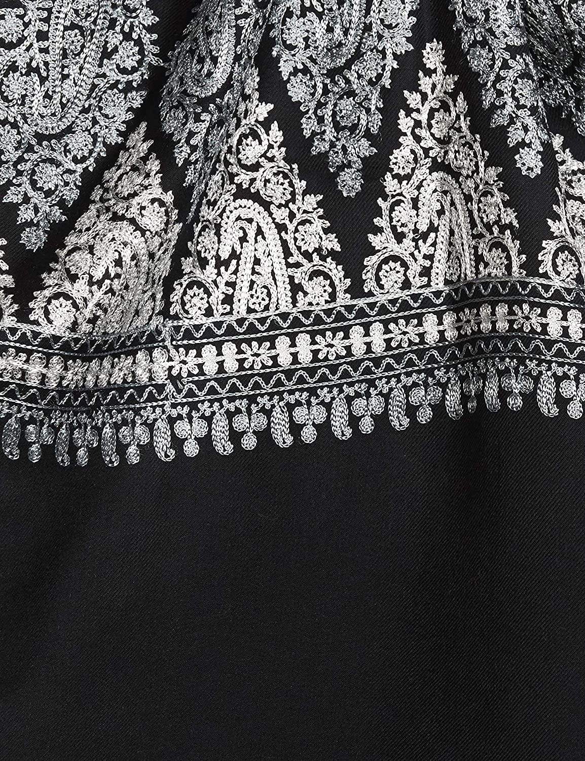 Pashtush India Womens Stoles and Scarves Scarf Pashtush Womens Fine Wool, Silky Nalki Embroidery Needlework Stole, Black