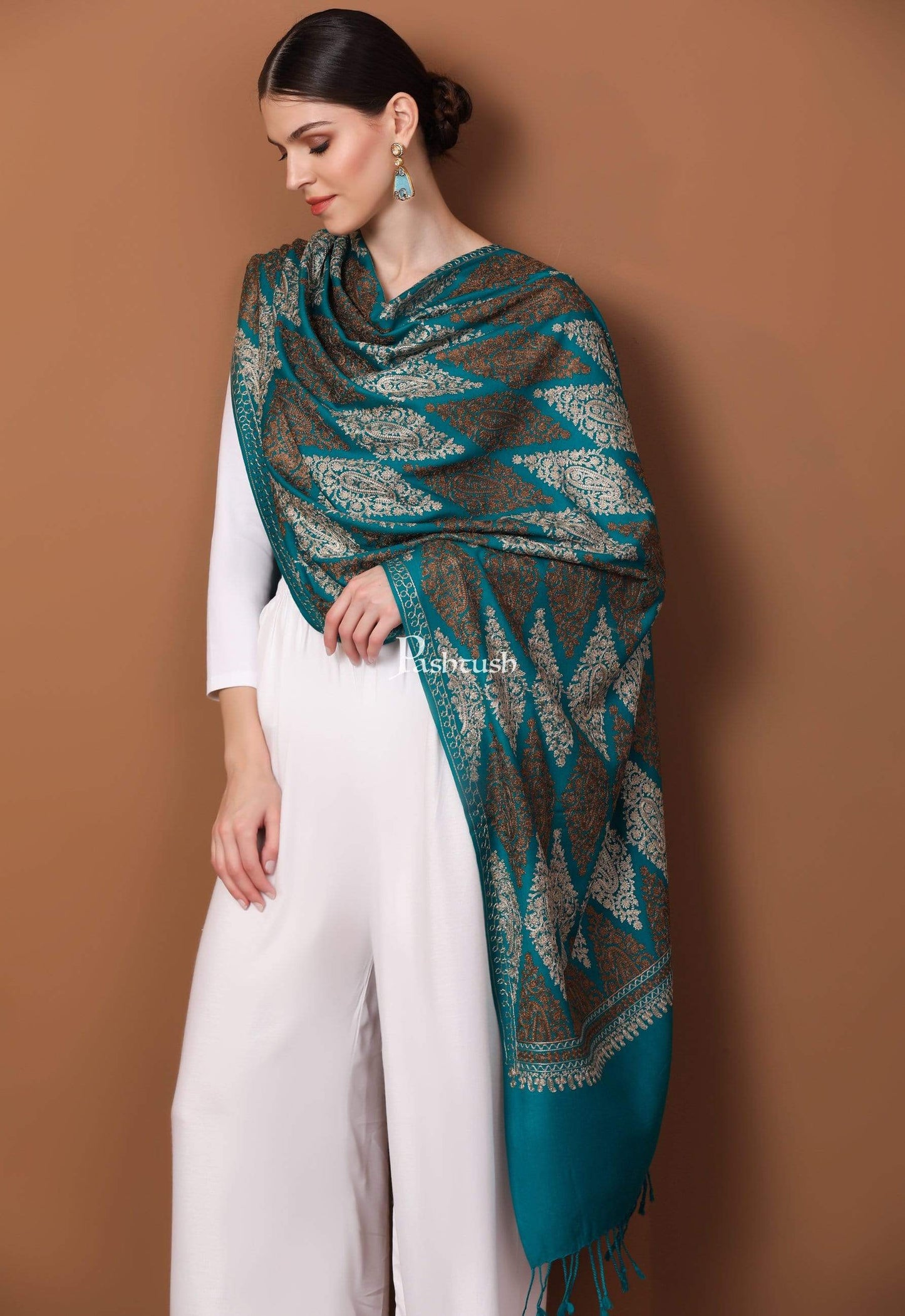 Pashtush Store Stole Pashtush Womens Fine Wool, Silky Nalki Embroidery Needlework Stole, Cobalt Blue