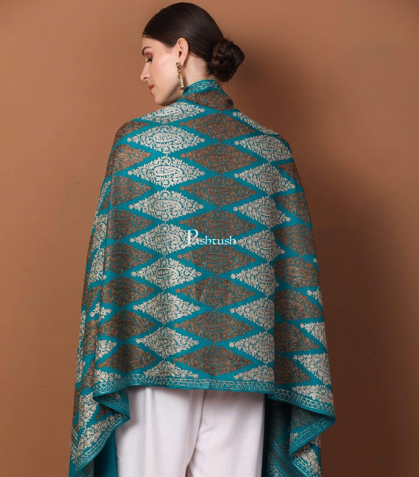 Pashtush Store Stole Pashtush Womens Fine Wool, Silky Nalki Embroidery Needlework Stole, Cobalt Blue
