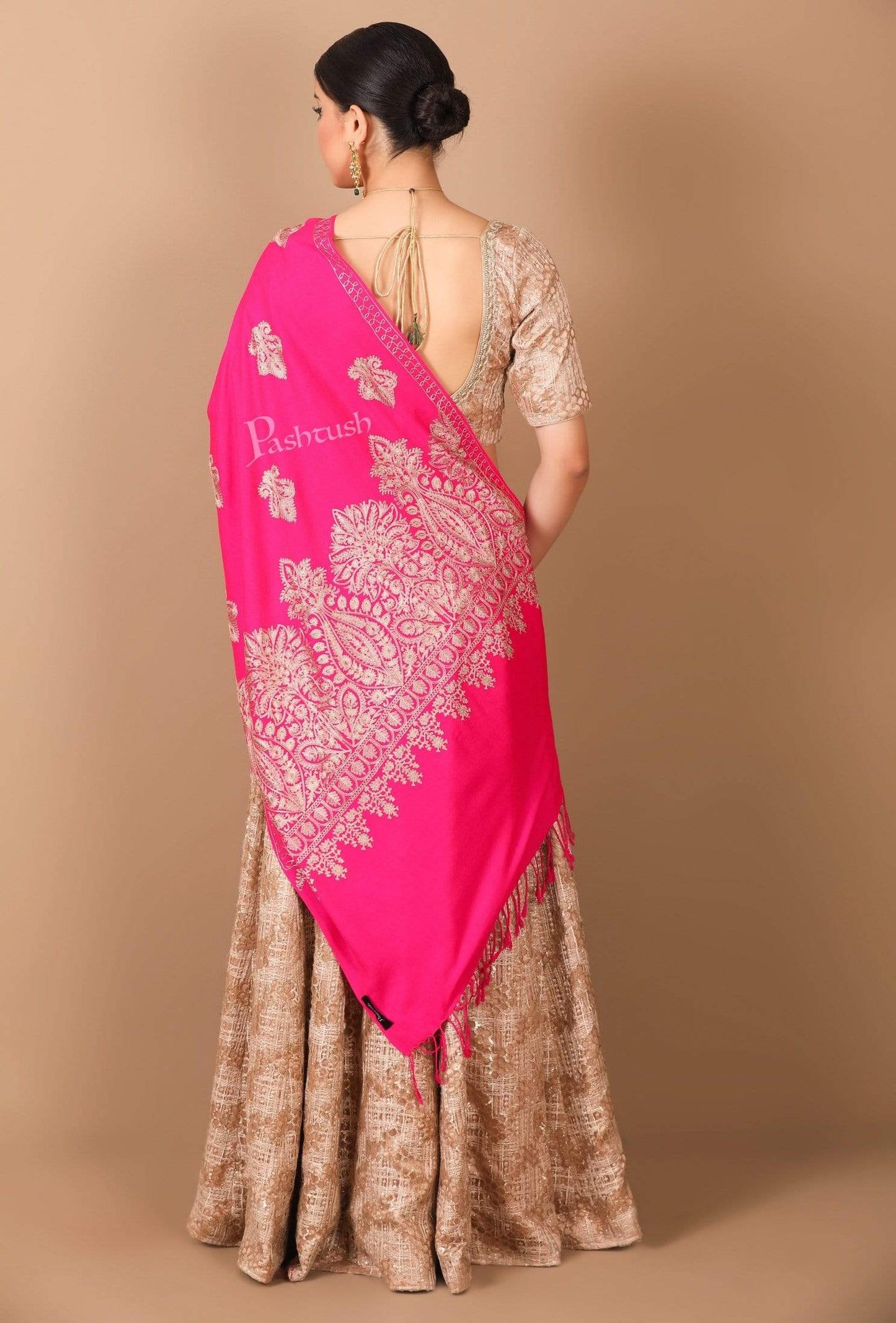 Pashtush Store Stole Pashtush Womens Fine Wool, Silky Nalki Embroidery Needlework Stole, Hot Pink