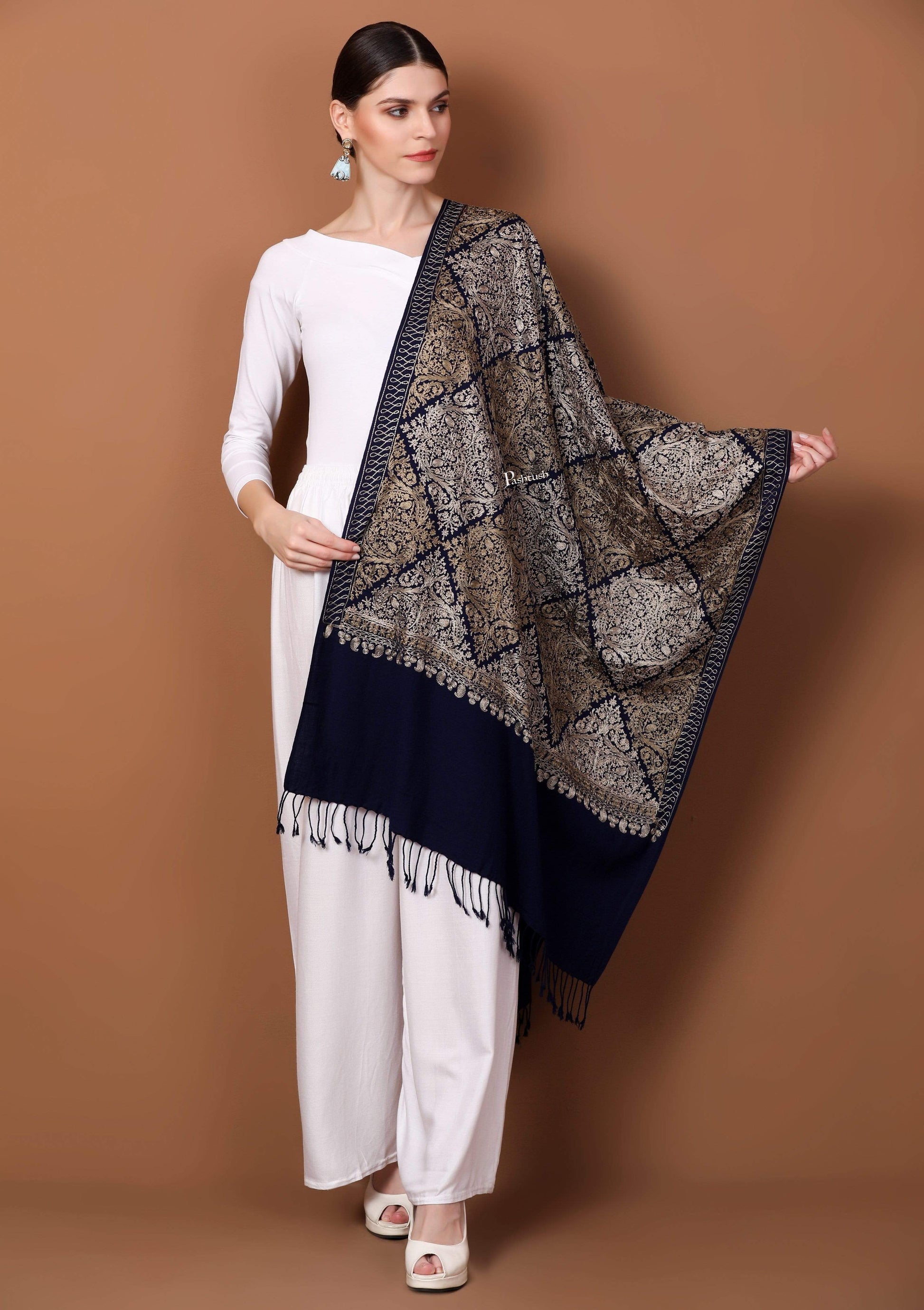 Pashtush Store Stole Pashtush Womens Fine Wool, Silky Nalki Embroidery Needlework Stole, Navy Blue