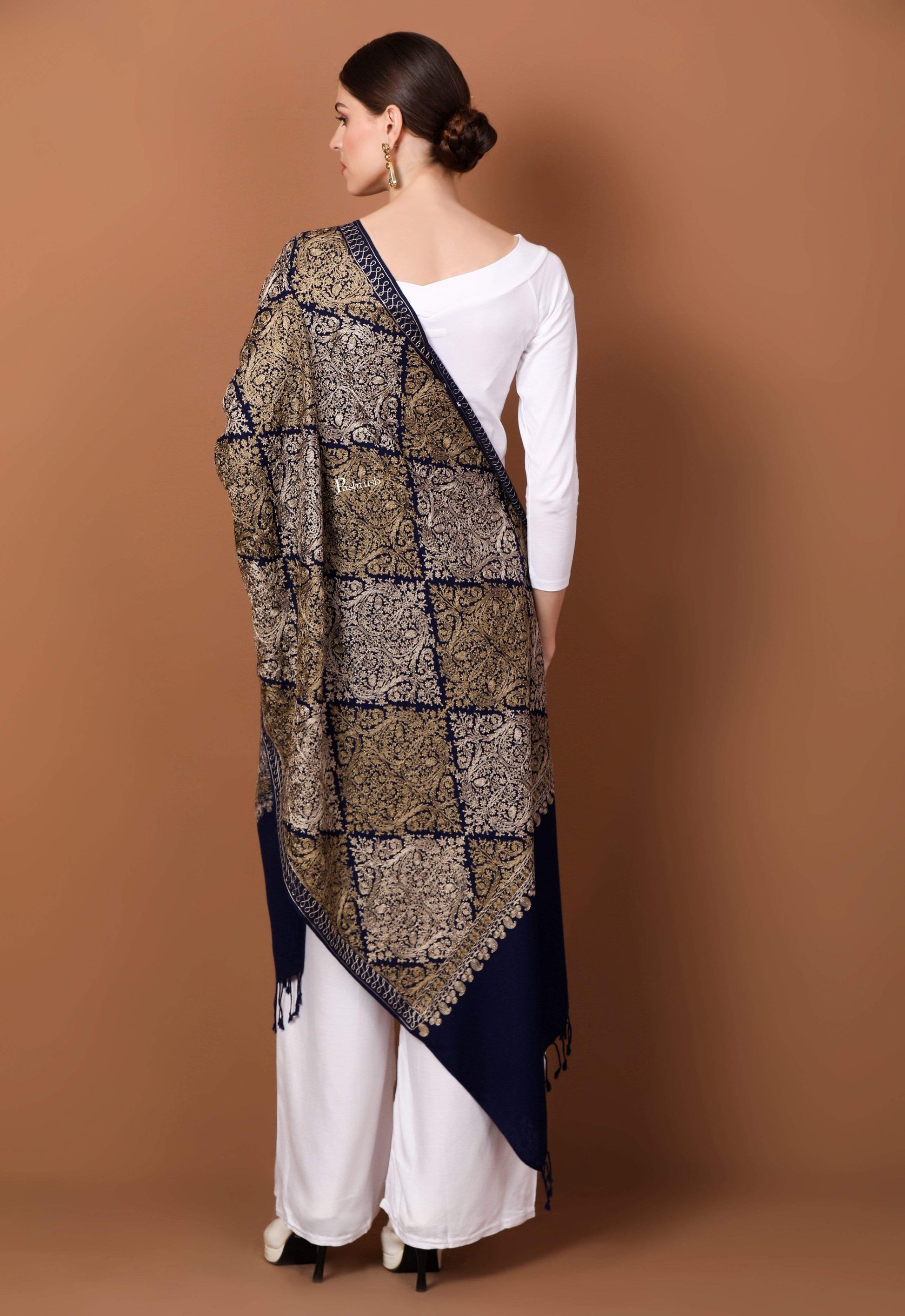 Pashtush Store Stole Pashtush Womens Fine Wool, Silky Nalki Embroidery Needlework Stole, Navy Blue