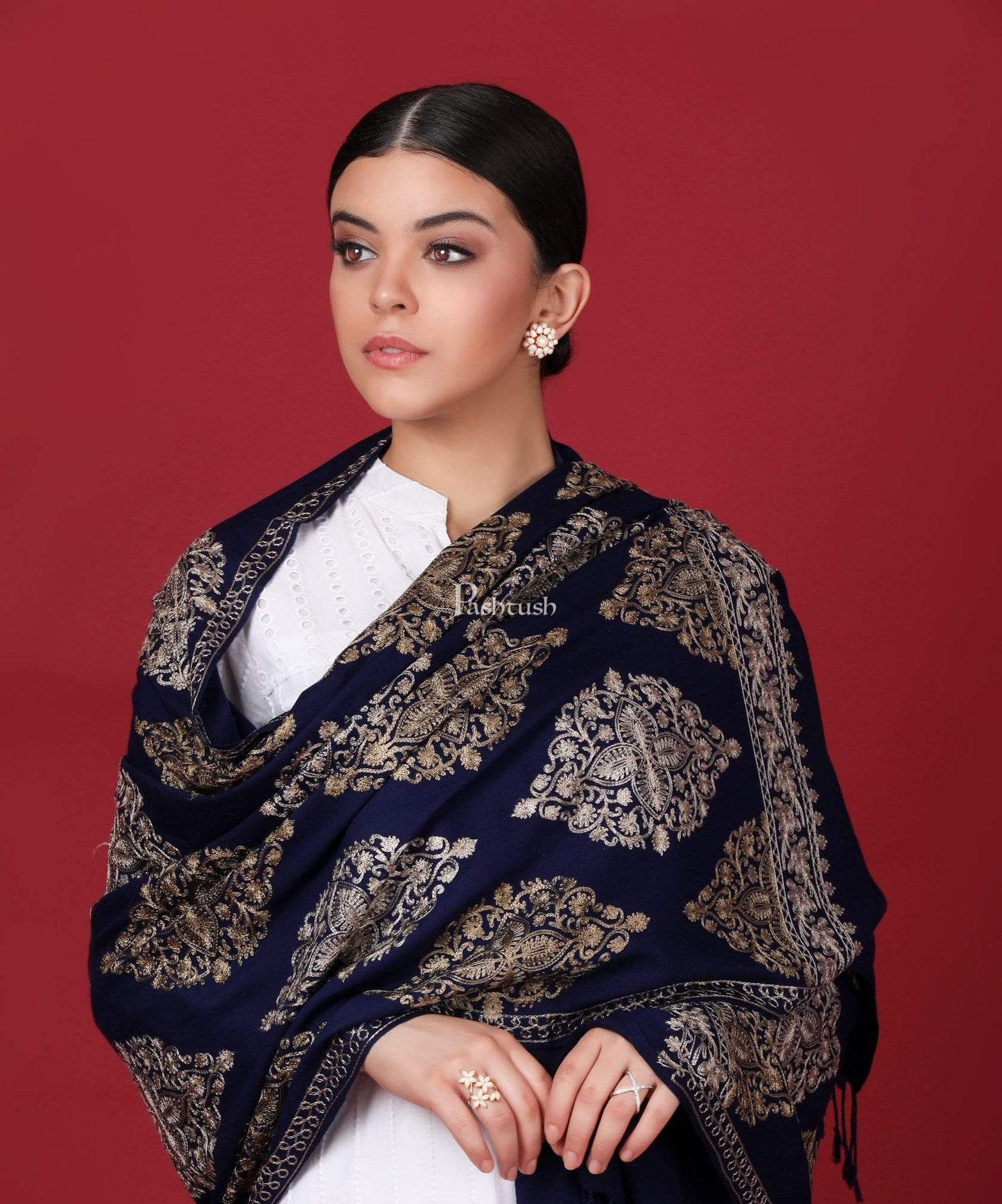 Pashtush India 70x200 Pashtush Womens Fine Wool, Silky Nalki Embroidery Needlework Stole, Navy Blue