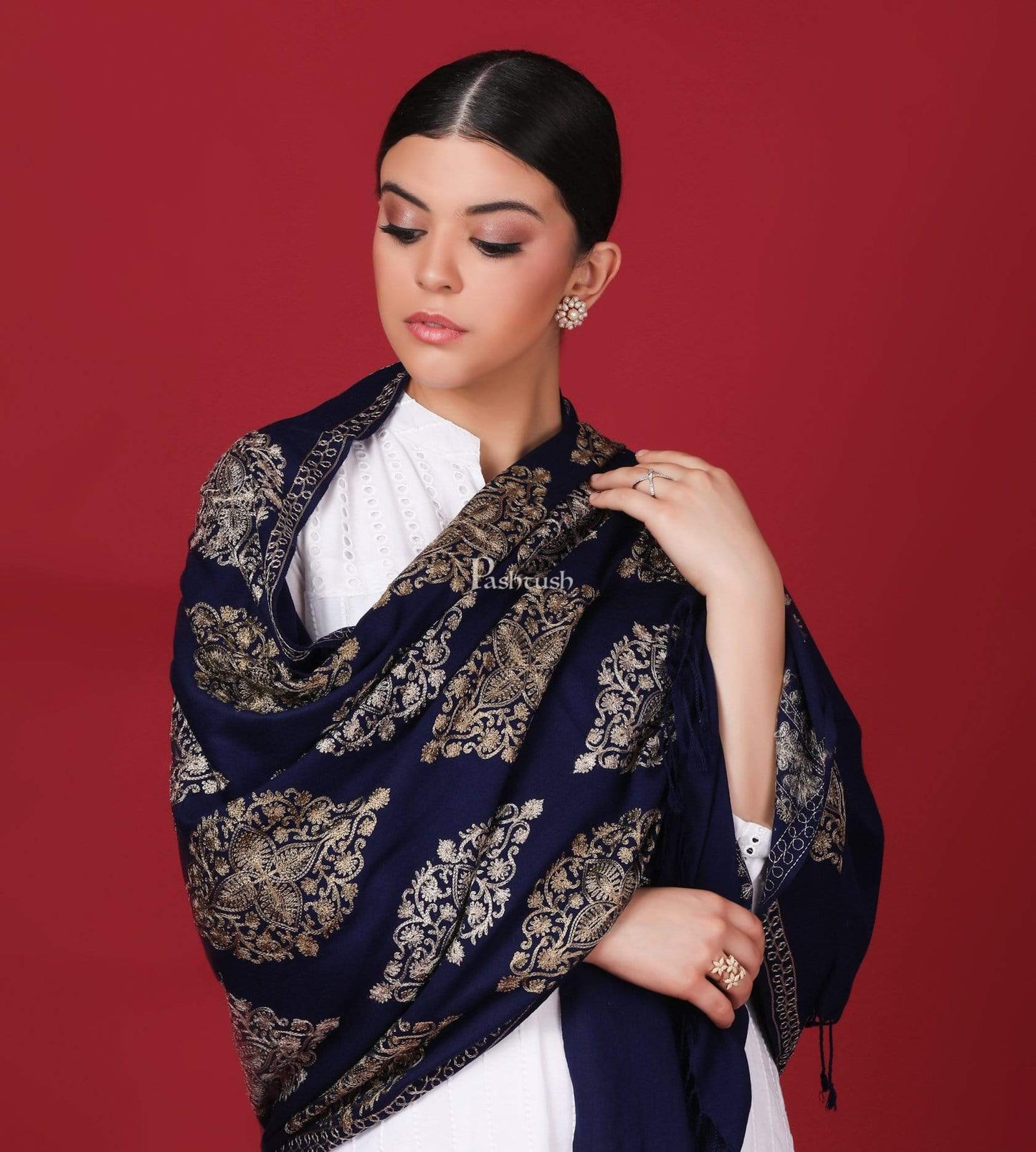Pashtush India 70x200 Pashtush Womens Fine Wool, Silky Nalki Embroidery Needlework Stole, Navy Blue