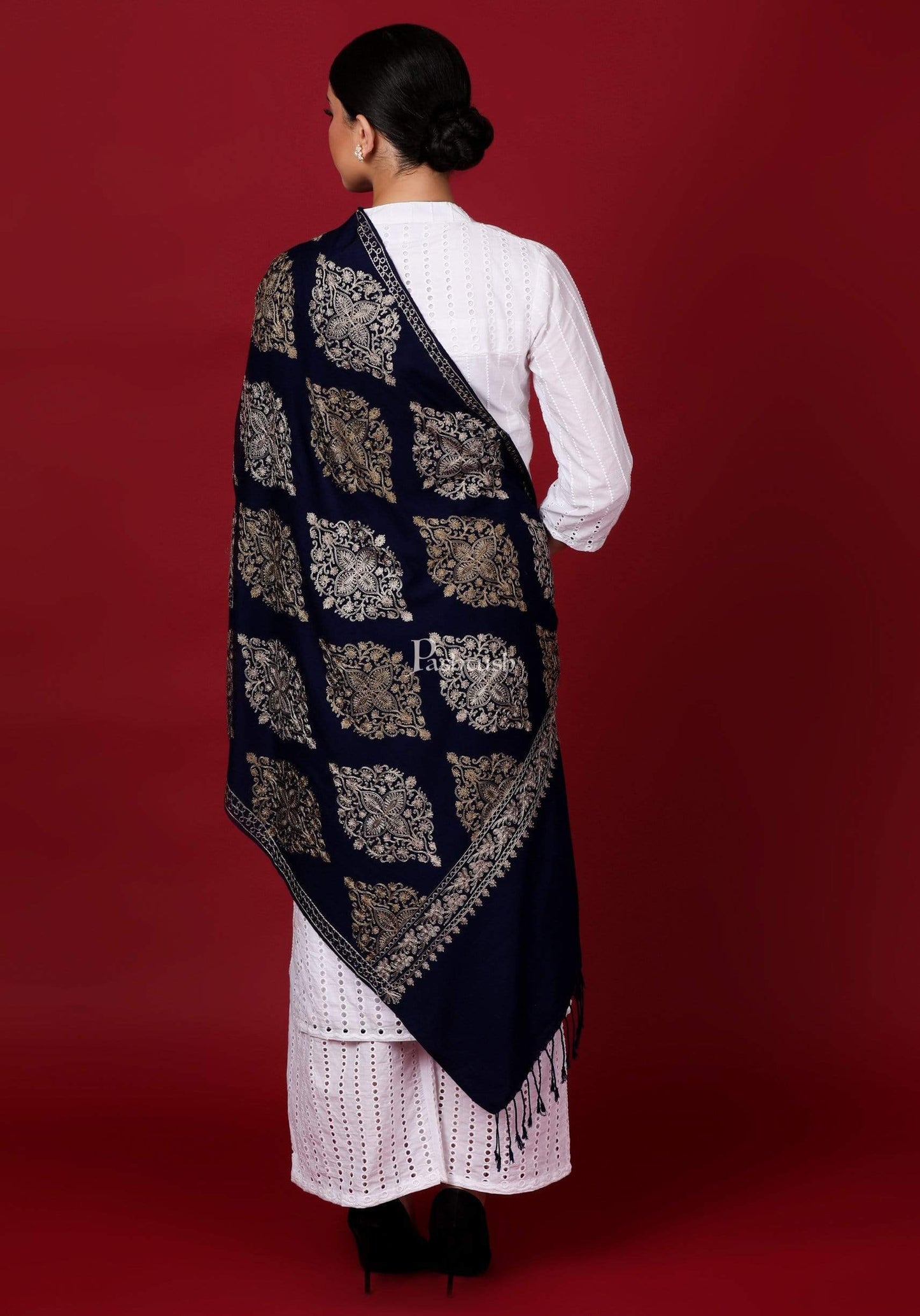 Pashtush India 70x200 Pashtush Womens Fine Wool, Silky Nalki Embroidery Needlework Stole, Navy Blue
