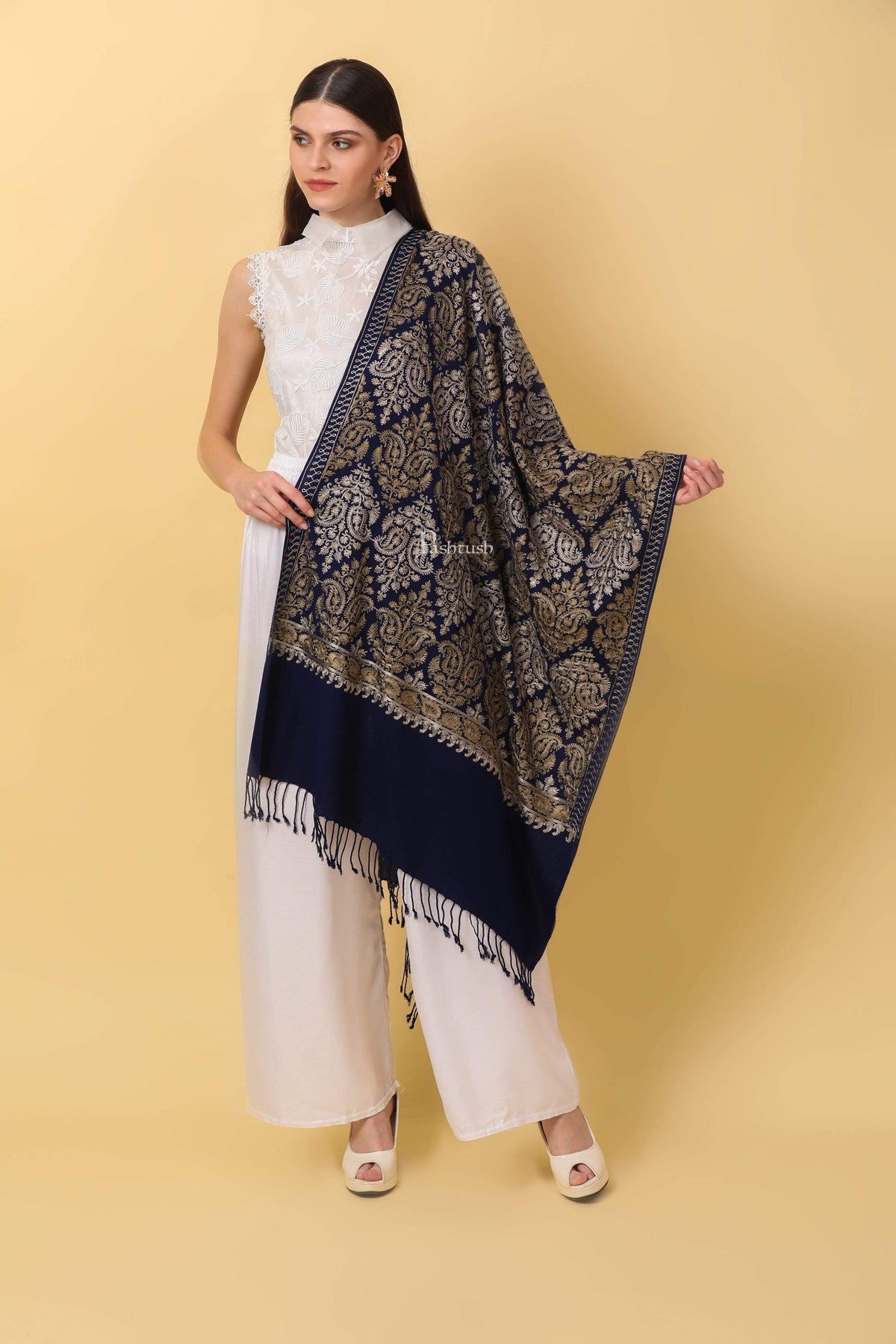 Pashtush India 70x200 Pashtush Womens Fine Wool, Silky Nalki Embroidery Needlework Stole, Navy Blue