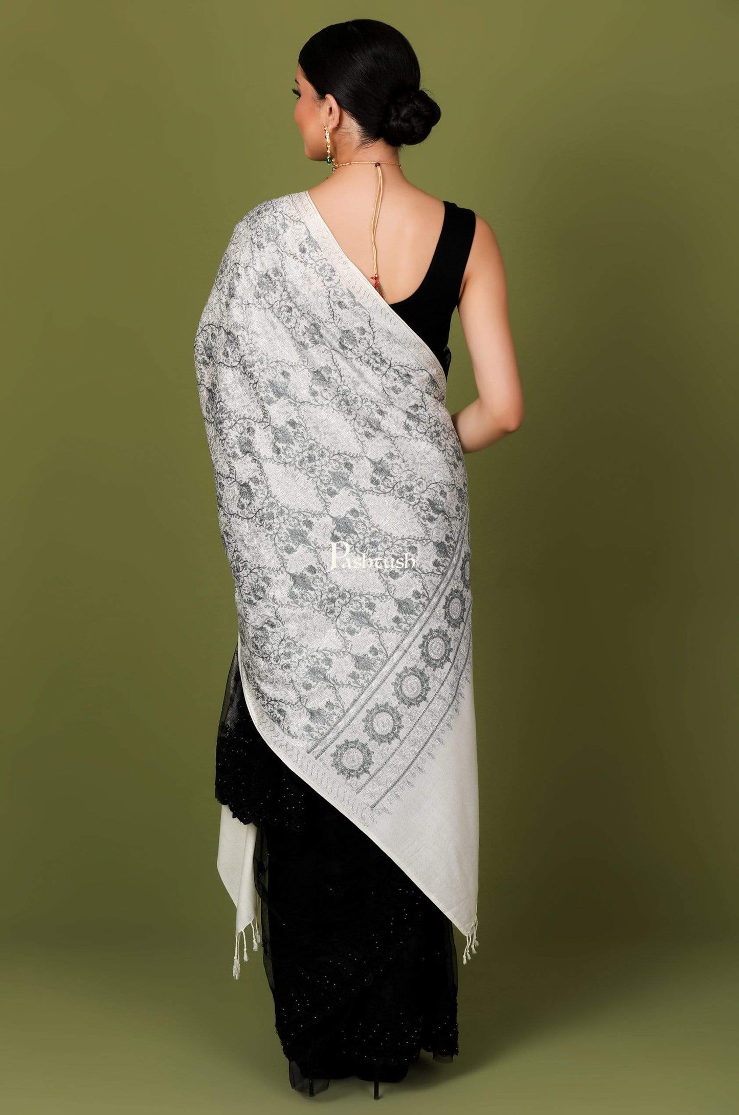 Pashtush Store Stole Pashtush Womens Fine Wool, Silky Nalki Embroidery Needlework Stole, White