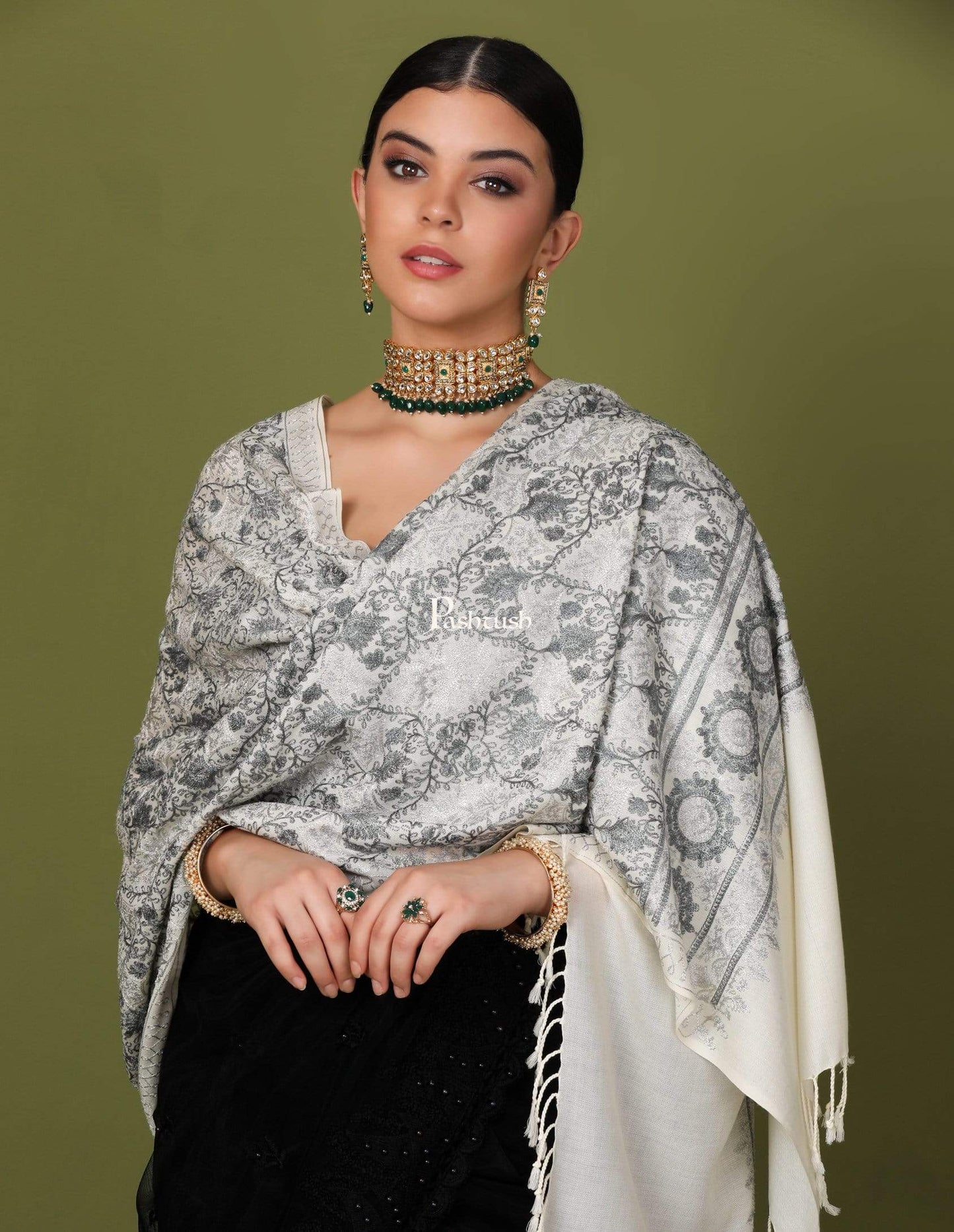 Pashtush Store Stole Pashtush Womens Fine Wool, Silky Nalki Embroidery Needlework Stole, White