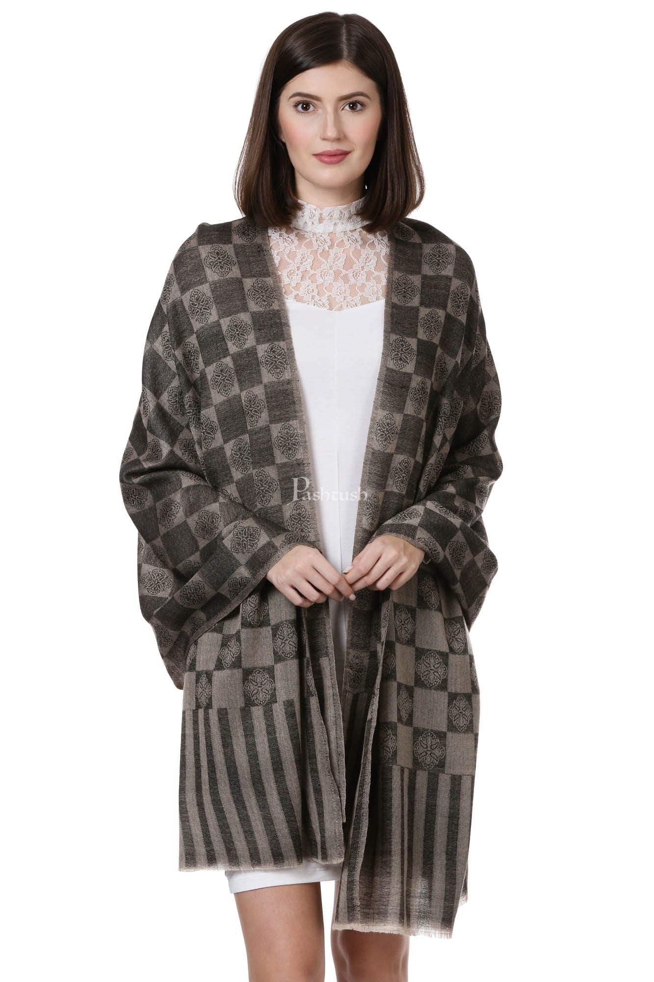 Pashtush India Womens Stoles and Scarves Scarf Pashtush Womens Fine Wool, Soft And Warm, Check Stole, Black