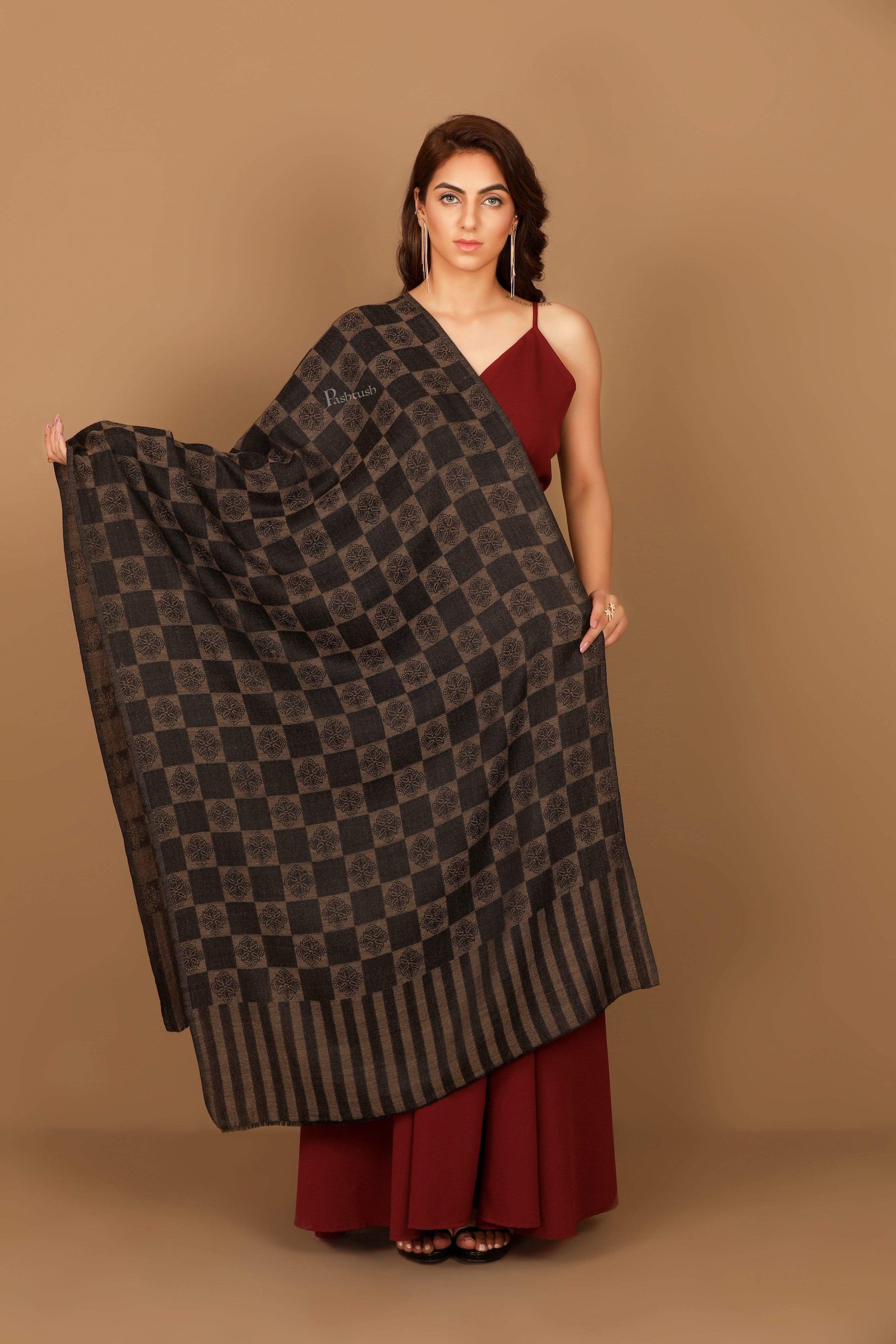 Pashtush Store Stole Pashtush Womens Fine Wool, Soft and Warm, Checkered stole, Espresso Black