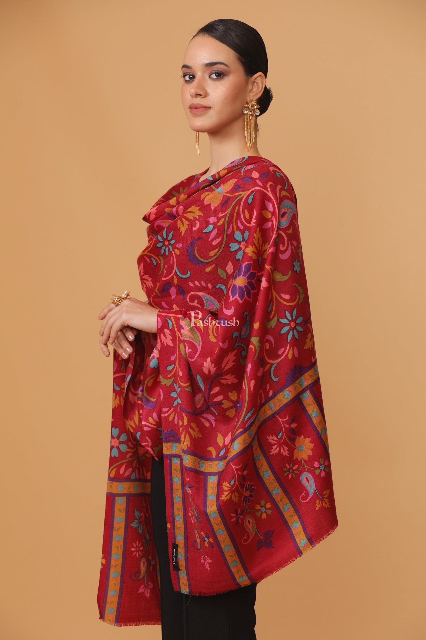 Pashtush India Womens Stoles and Scarves Scarf Pashtush womens Fine Wool stole, 100% hand printed jaal floral design, Maroon