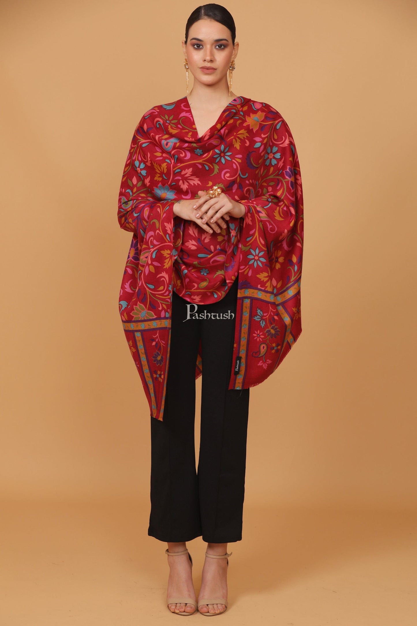Pashtush India Womens Stoles and Scarves Scarf Pashtush womens Fine Wool stole, 100% hand printed jaal floral design, Maroon