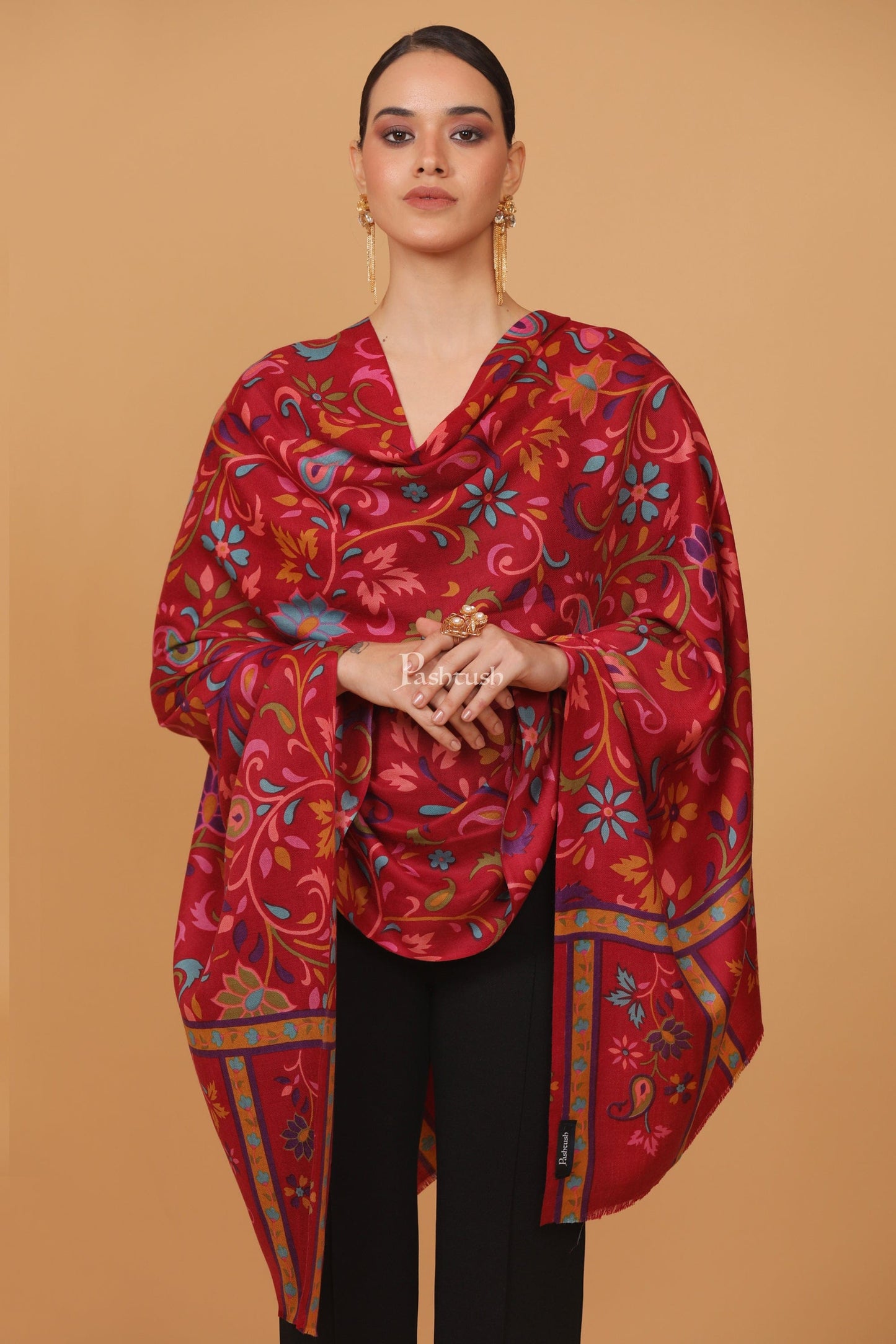 Pashtush India Womens Stoles and Scarves Scarf Pashtush womens Fine Wool stole, 100% hand printed jaal floral design, Maroon