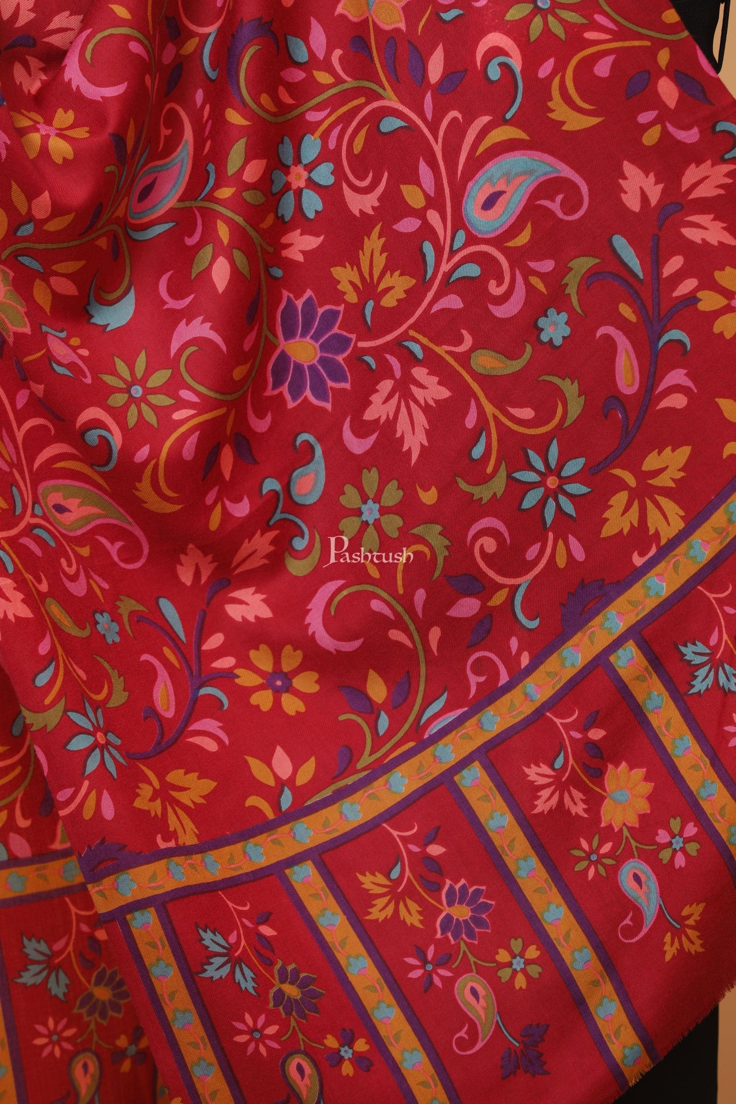 Pashtush India Womens Stoles and Scarves Scarf Pashtush womens Fine Wool stole, 100% hand printed jaal floral design, Maroon