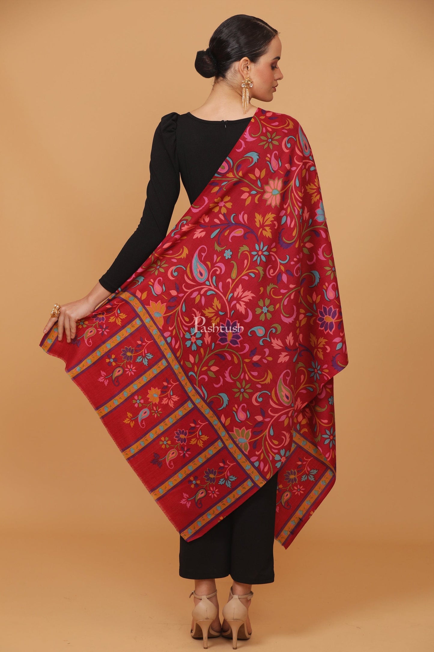 Pashtush India Womens Stoles and Scarves Scarf Pashtush womens Fine Wool stole, 100% hand printed jaal floral design, Maroon