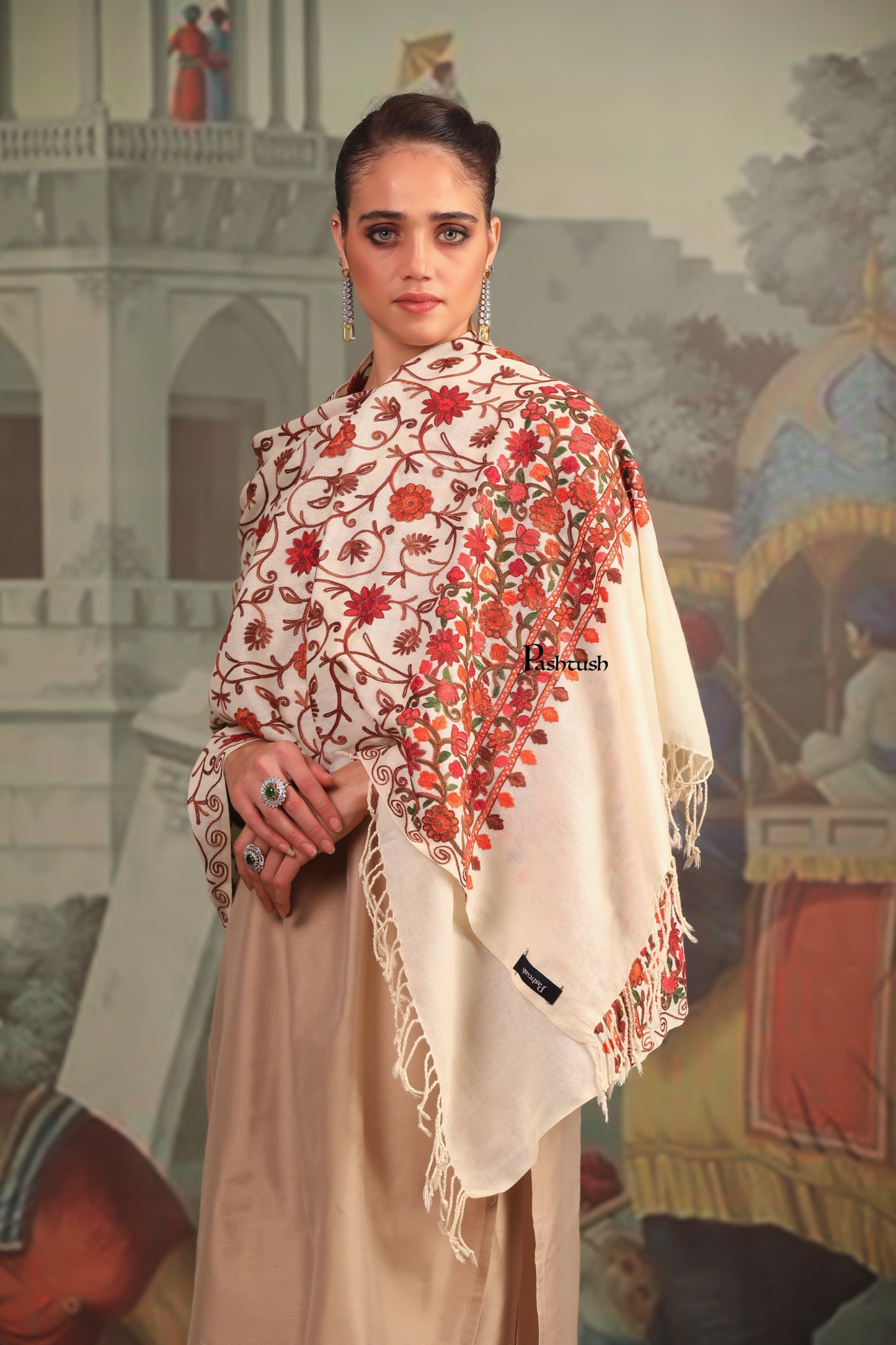 Pashtush India Womens Stoles and Scarves Scarf Pashtush Womens Fine Wool Stole, Aari Embroidery Flower Design, Ivory