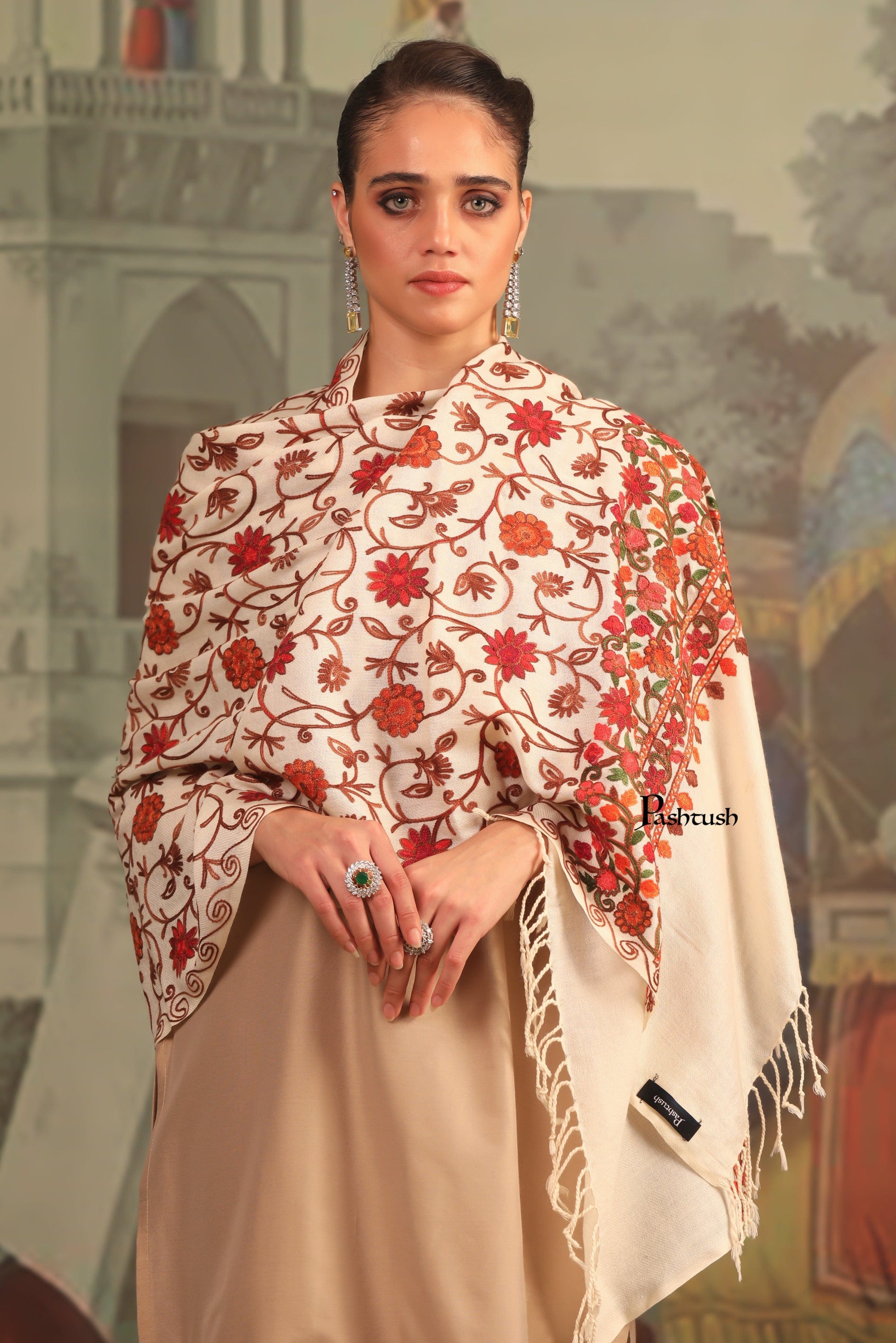 Pashtush India Womens Stoles and Scarves Scarf Pashtush Womens Fine Wool Stole, Aari Embroidery Flower Design, Ivory