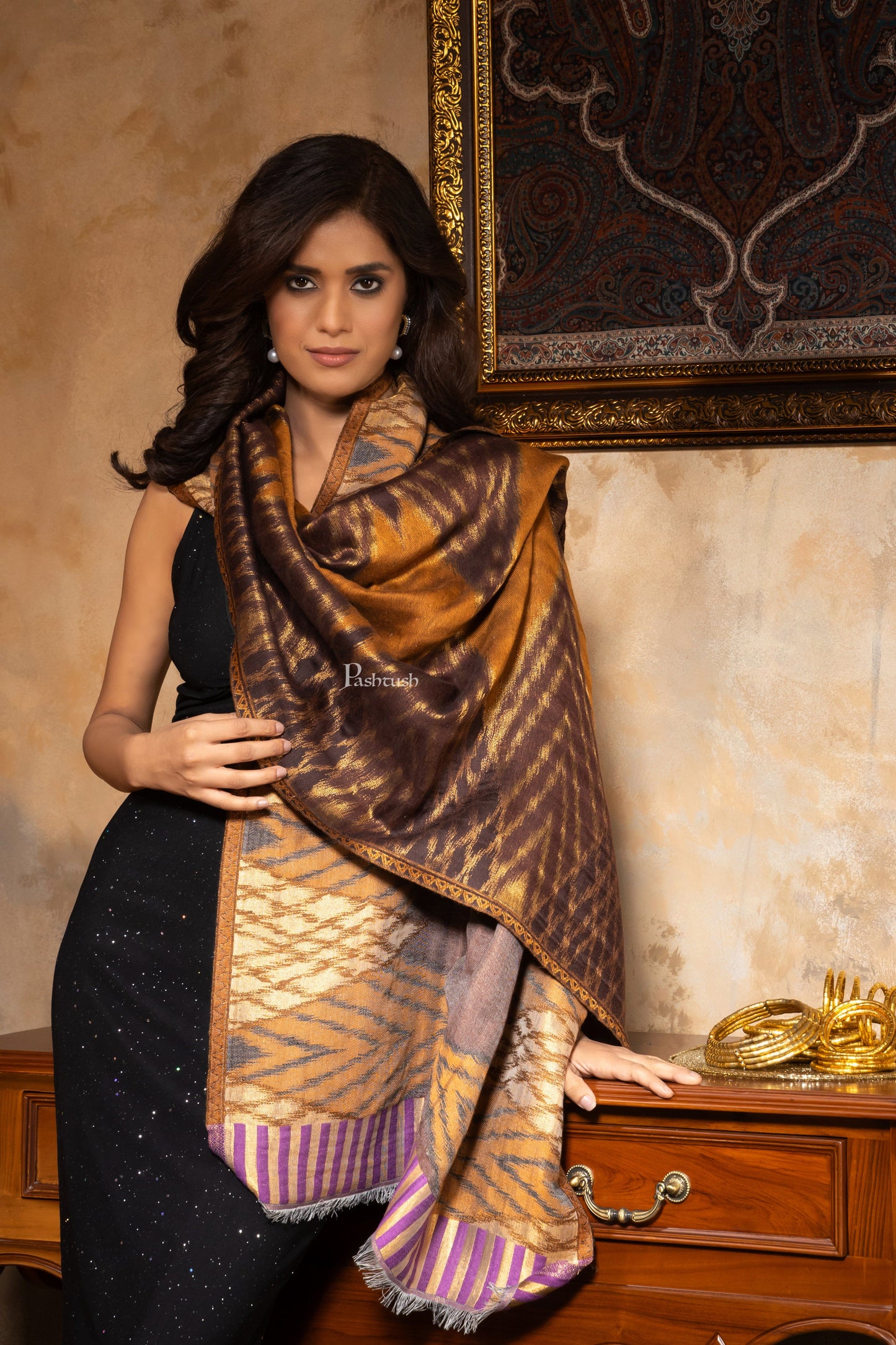 Pashtush India Womens Shawls Pashtush Womens Fine Wool Stole, Aztec Twilight Design, Multicolour