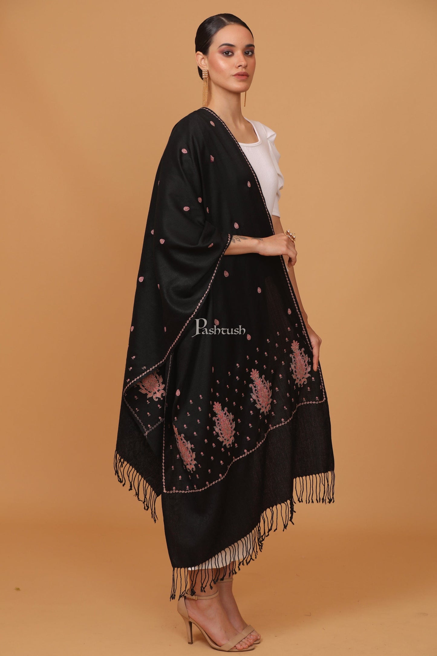 Pashtush India Womens Stoles and Scarves Scarf Pashtush womens Fine Wool stole, booti design, Black