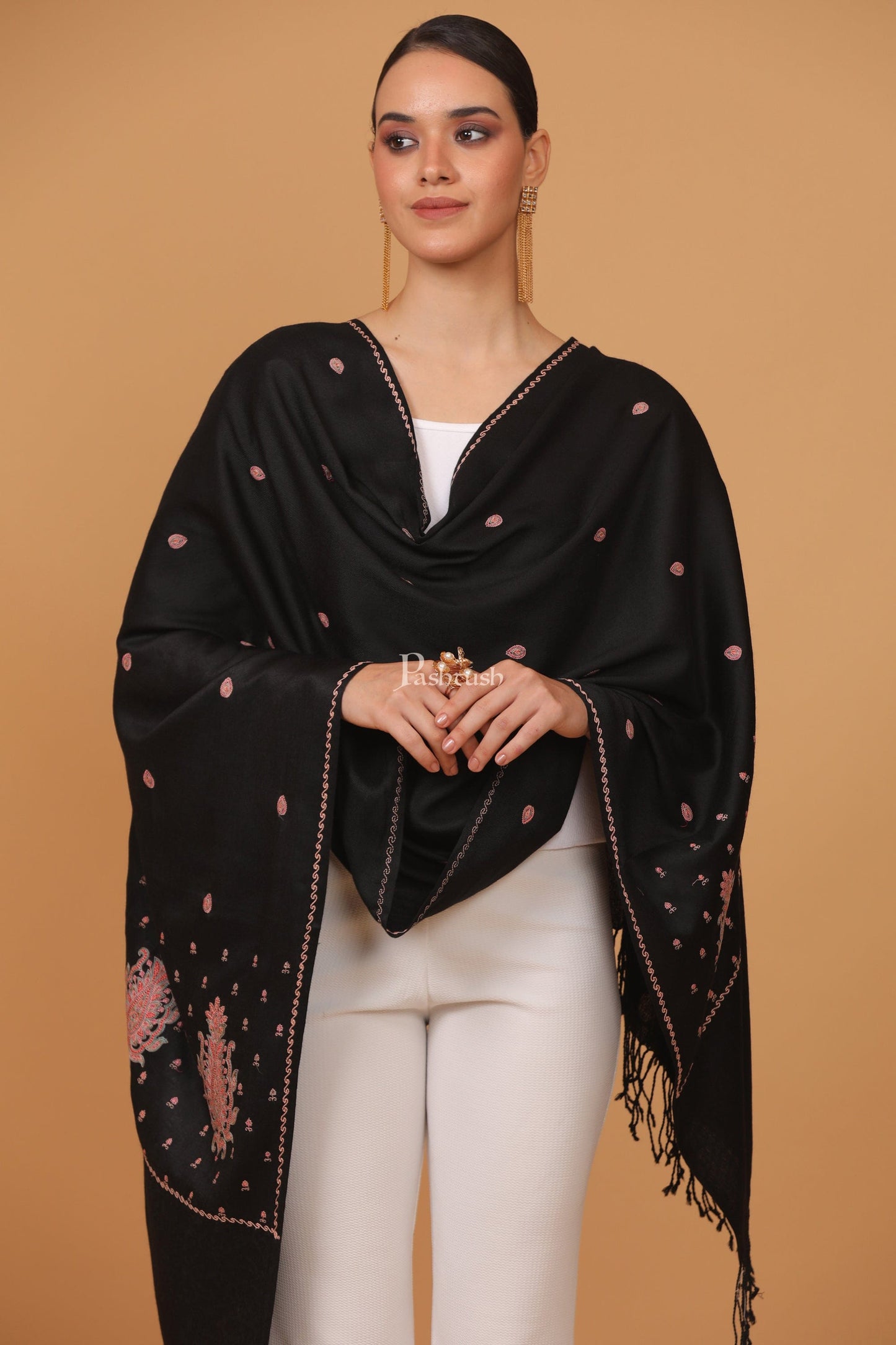 Pashtush India Womens Stoles and Scarves Scarf Pashtush womens Fine Wool stole, booti design, Black