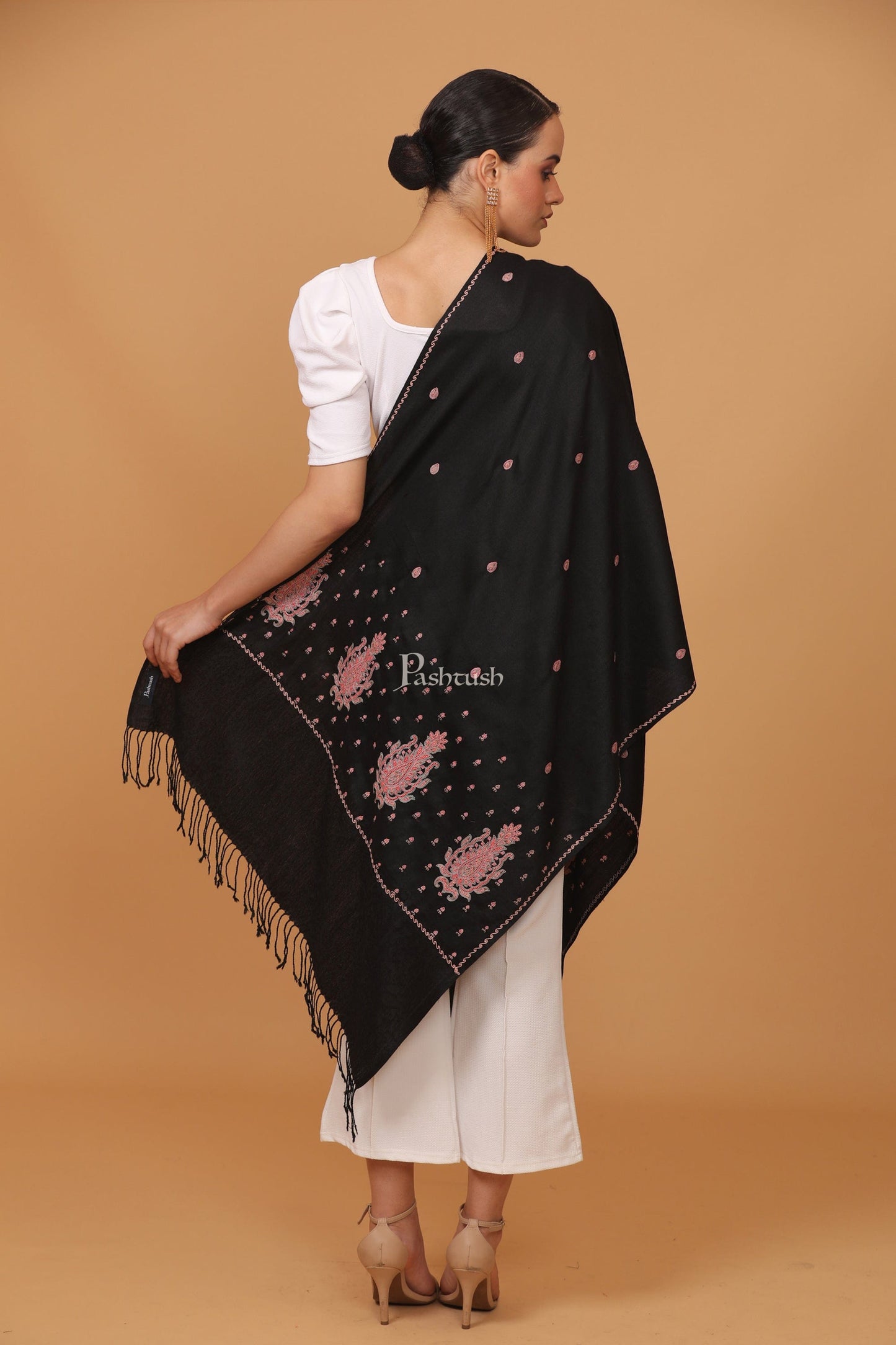 Pashtush India Womens Stoles and Scarves Scarf Pashtush womens Fine Wool stole, booti design, Black